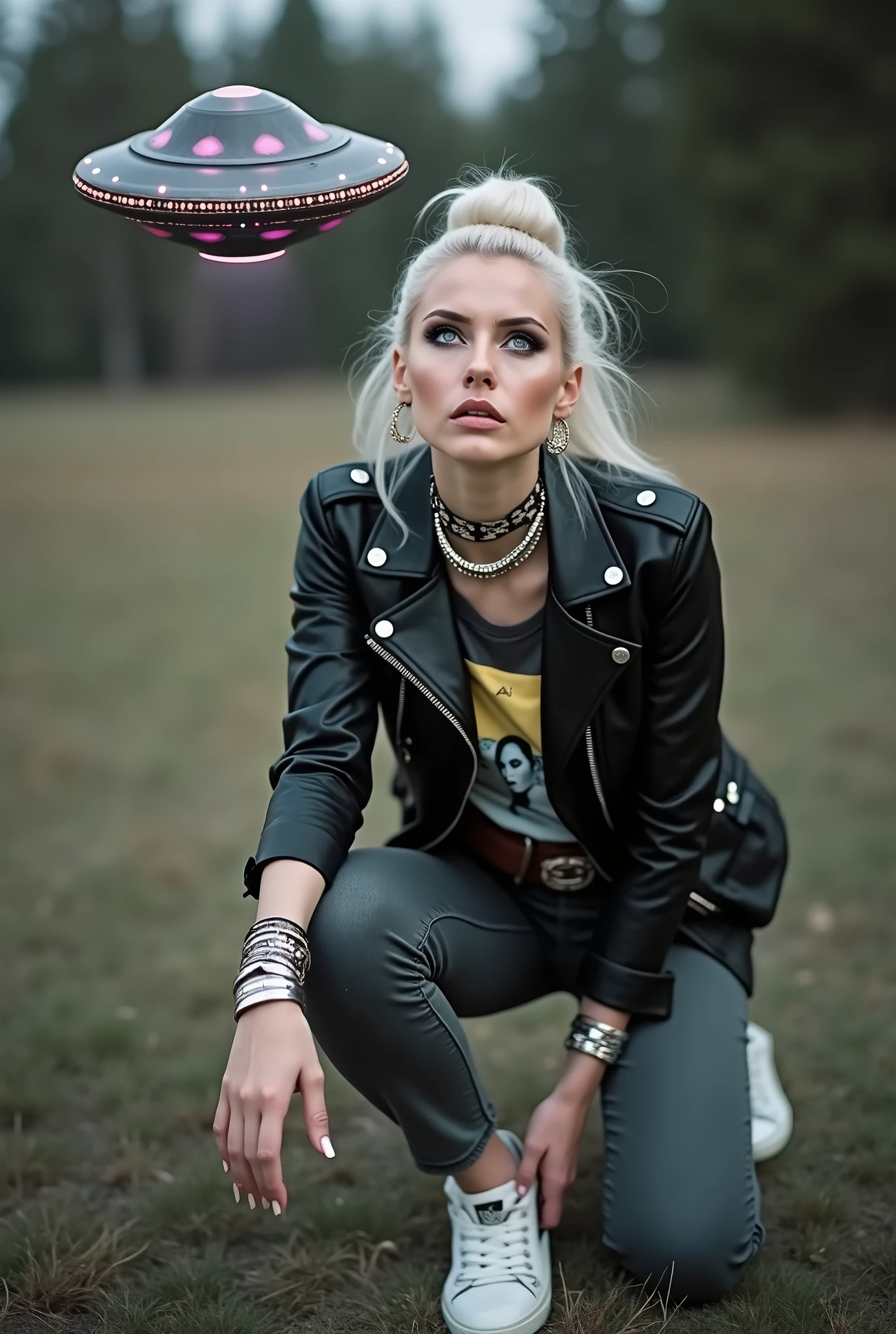 russian milf woman, platinum blonde hair (huge top bun), with very light blue eyes, extremely pale. Wearing black moto jacket, cropped metal band t-shirt, skinny dark grey jeans and white tennis sneakers . Lots of metallic bracelets and collars. Tacky leather belt with oversized buckle. Wide loop earrings. Kneeling in a payer, looking up, eyes and mouth wide open in amazement. Hands on her knees. Chin up, she's looking at an UFO in the sky, completely overwhelmed