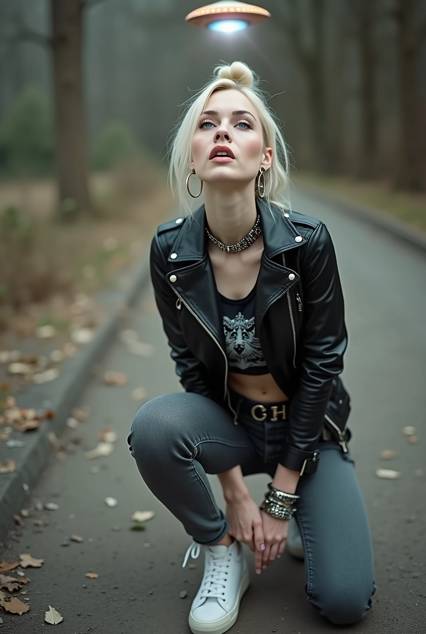 russian milf woman, platinum blonde hair (huge top bun), with very light blue eyes, extremely pale. Wearing black moto jacket, cropped metal band t-shirt, skinny dark grey jeans and white tennis sneakers . Lots of metallic bracelets and collars. Tacky leather belt with oversized buckle. Wide loop earrings. Kneeling in a payer, looking up, eyes and mouth wide open in amazement. Hands on her knees. Chin up, she's looking at an UFO in the sky, completely overwhelmed