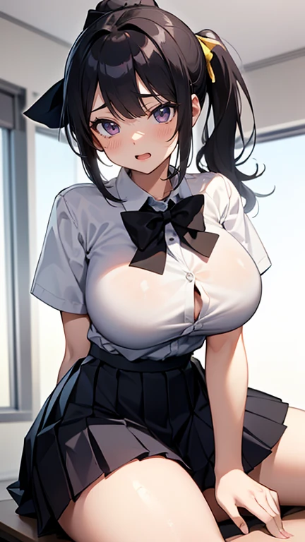 masterpiece,Highest quality,Highly detailed face,(((A slim and sexy girl))), ((1boy and 1girl are having sex)),((Cum there)),(((cowgirl position, girl on top:1.3))),(Black hair ponytail), (((Huge breasts))), (((White shirt、Pleated skirt:1.4))),((straddling a man:1.5))、((Painful face))、Heart symbol、excited、White Breath、(((SEX in the classroom)))、(Sweat:1.2)、Nervous、Heart symbol