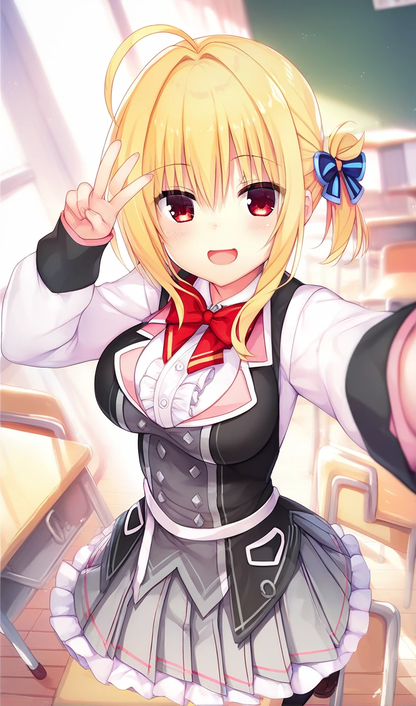 hiyori-default,red eyes,blonde hair,ponytail,ponytail,ahoge,school uniform, red bow,frills,shirt,pleated skirt,frilled skirt, black socks,smiling,peace fingers,one_eye_closed,classroom,selfie