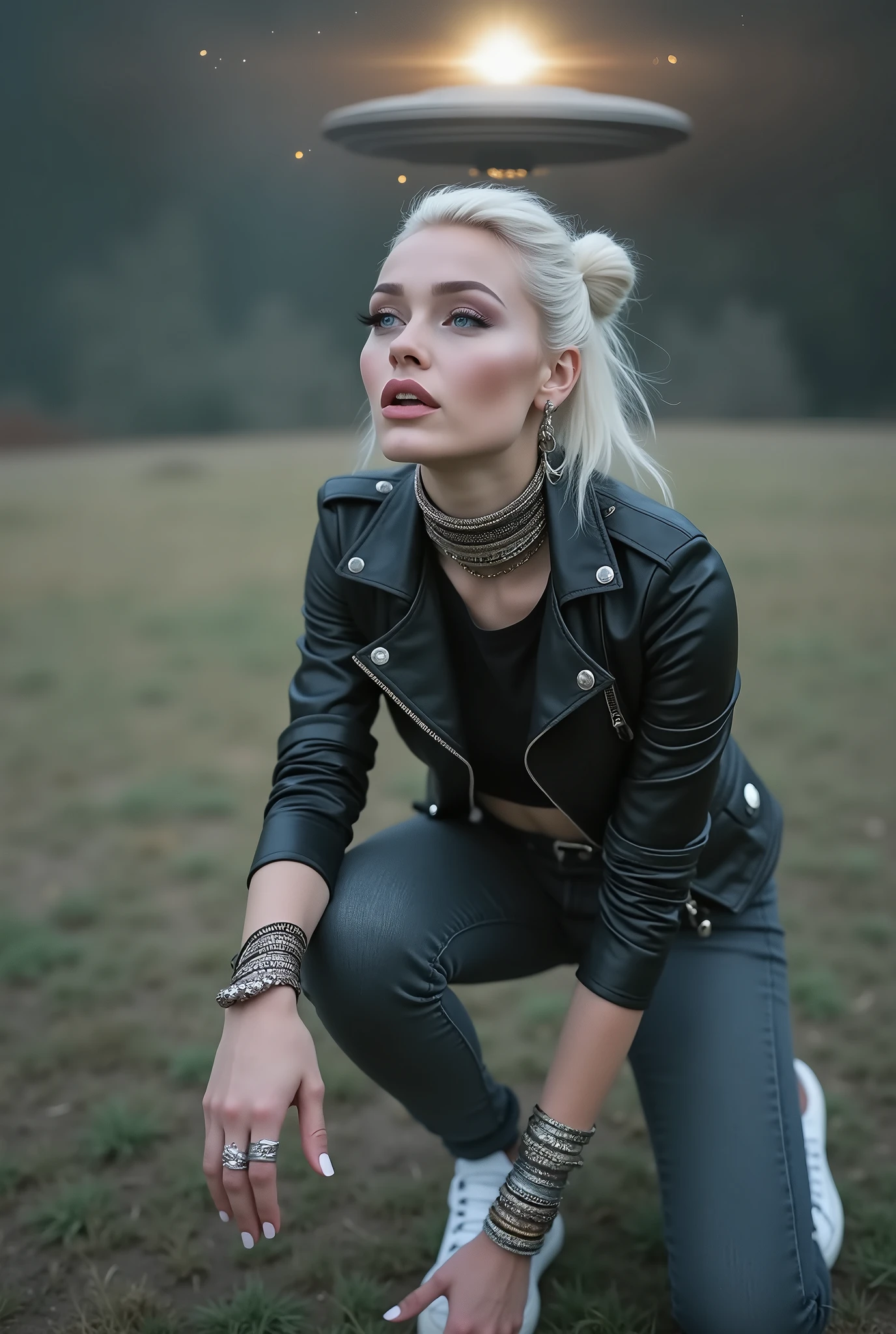 
russian milf woman, platinum blonde hair (huge top bun), with very light blue eyes, extremely pale. Wearing black moto jacket, cropped metal band t-shirt, skinny dark grey jeans and white tennis sneakers . Lots of metallic bracelets and collars. Tacky leather belt with oversized buckle. Wide loop earrings. Kneeling in a payer, looking up, eyes and mouth wide open in amazement. Hands on her knees. Chin up, she's looking at an UFO in the sky, completely overwhelmed 