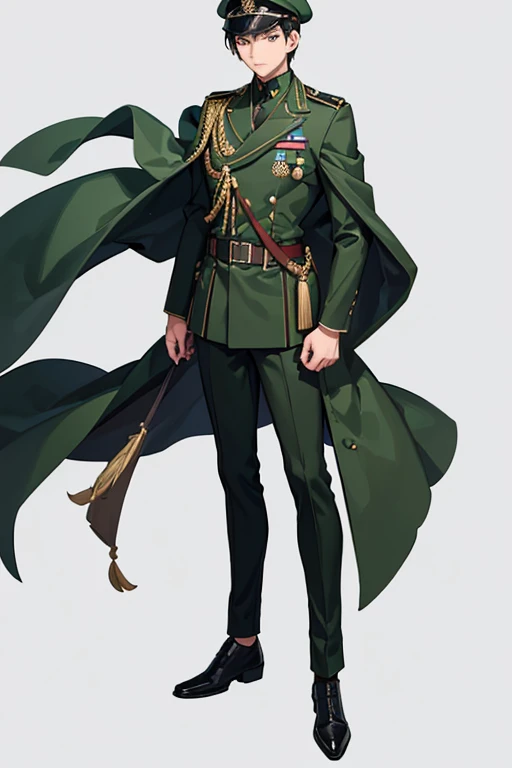 Asian male in his 20s，Thin body，Muscles are well-proportioned，Wearing military uniform，Black undershirt，Army green pants，No rank，Wearing a green wide-brimmed military cap，Dark green cape，Black eyes，Dark skin，Standing