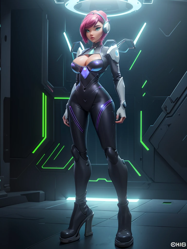 a girl wearing mecha cyber armor,technology bodysuit,smart lines in the costume, long cleavage,tech boots,tech gloves,(mechanized valkyrie girl),full body,high heels,intricate details,hyper realistic,8k,,dynamic pose,dramatic colors,complex patterns,futuristic,cyberpunk,chiaroscuro lighting,highly detailed,photorealistic,unreal engine,volumetric fog,advanced rendering, technology pistol in hands shining.