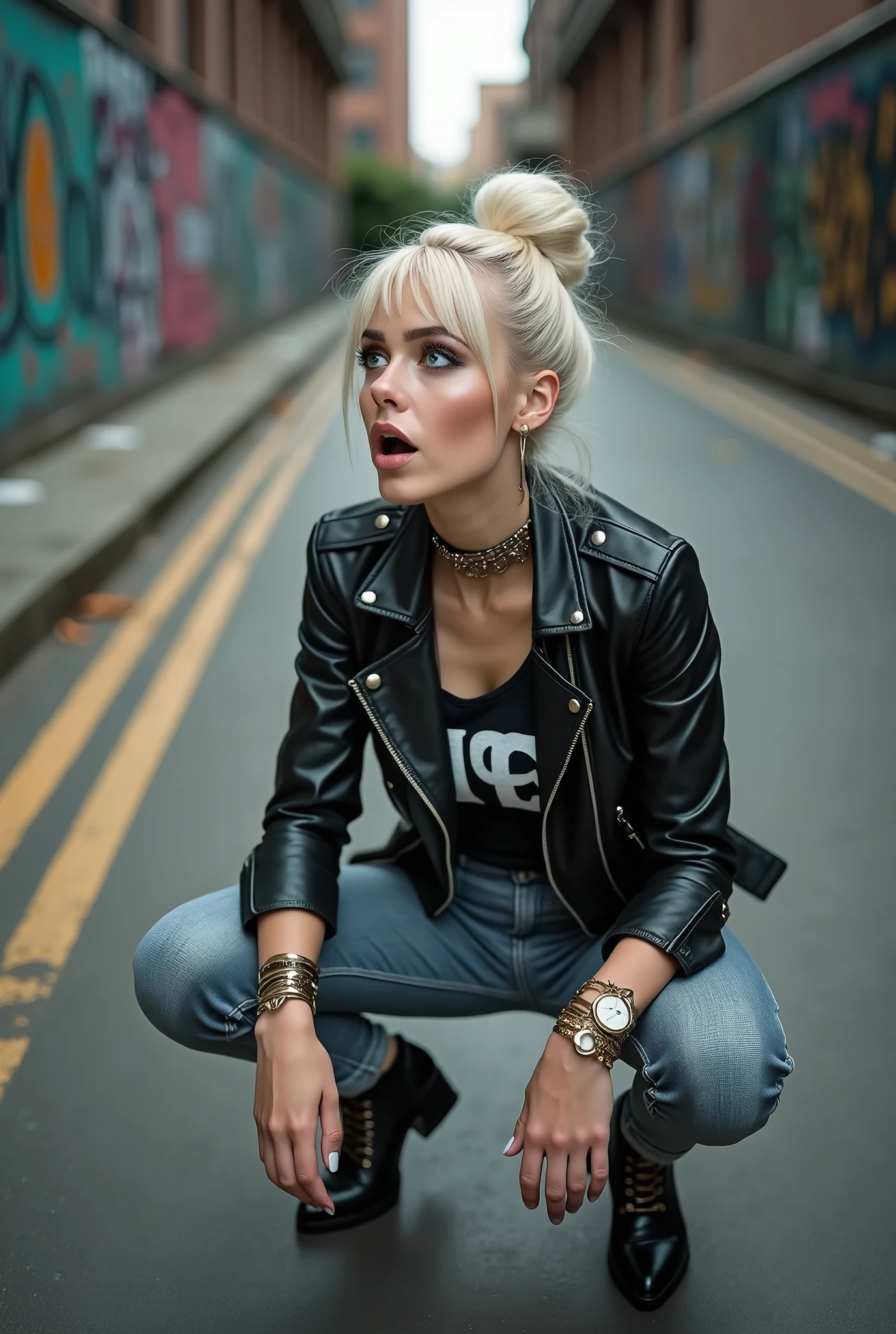 russian milf woman, platinum blonde hair (huge top bun), with very light blue eyes, extremely pale. Wearing black moto jacket, cropped metal band t-shirt, skinny dark grey jeans and pointy chelsea boots with cuban heels . Lots of metallic bracelets and collars. Tacky leather belt with oversized buckle. Wide loop earrings. Kneeling, looking up, eyes and mouth wide open in amazement. Hands on her knees. Chin up, she's listening to someone standing in front of her