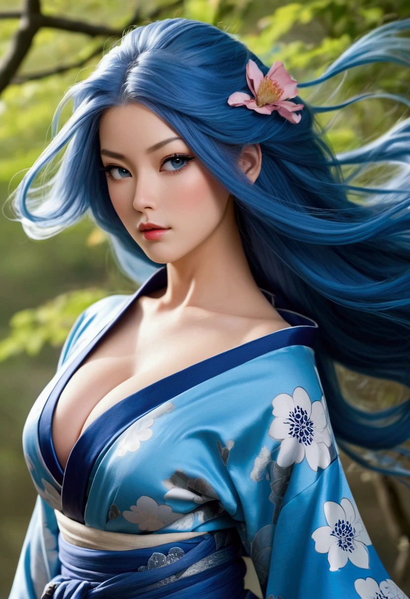 Beautiful sexy samurai European bimbo, Beautiful face, long blue hair ( Hair fluttering in the wind ), delicate beautiful body, seductive body, wearing a sexy and seductive open kimono, huge breasts:1.7

