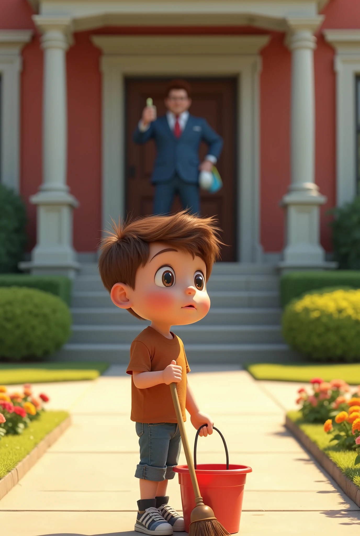 Hyper realistic, colorful Pixar style image of scene of 3D cartoon style of the boy arriving at school with a mop and bucket in hand. The background includes the school entrance with well-maintained grounds. The principal is standing at the entrance with a neutral expression, holding the cleaning supplies. The boy’s face shows a mix of apprehension and confusion.