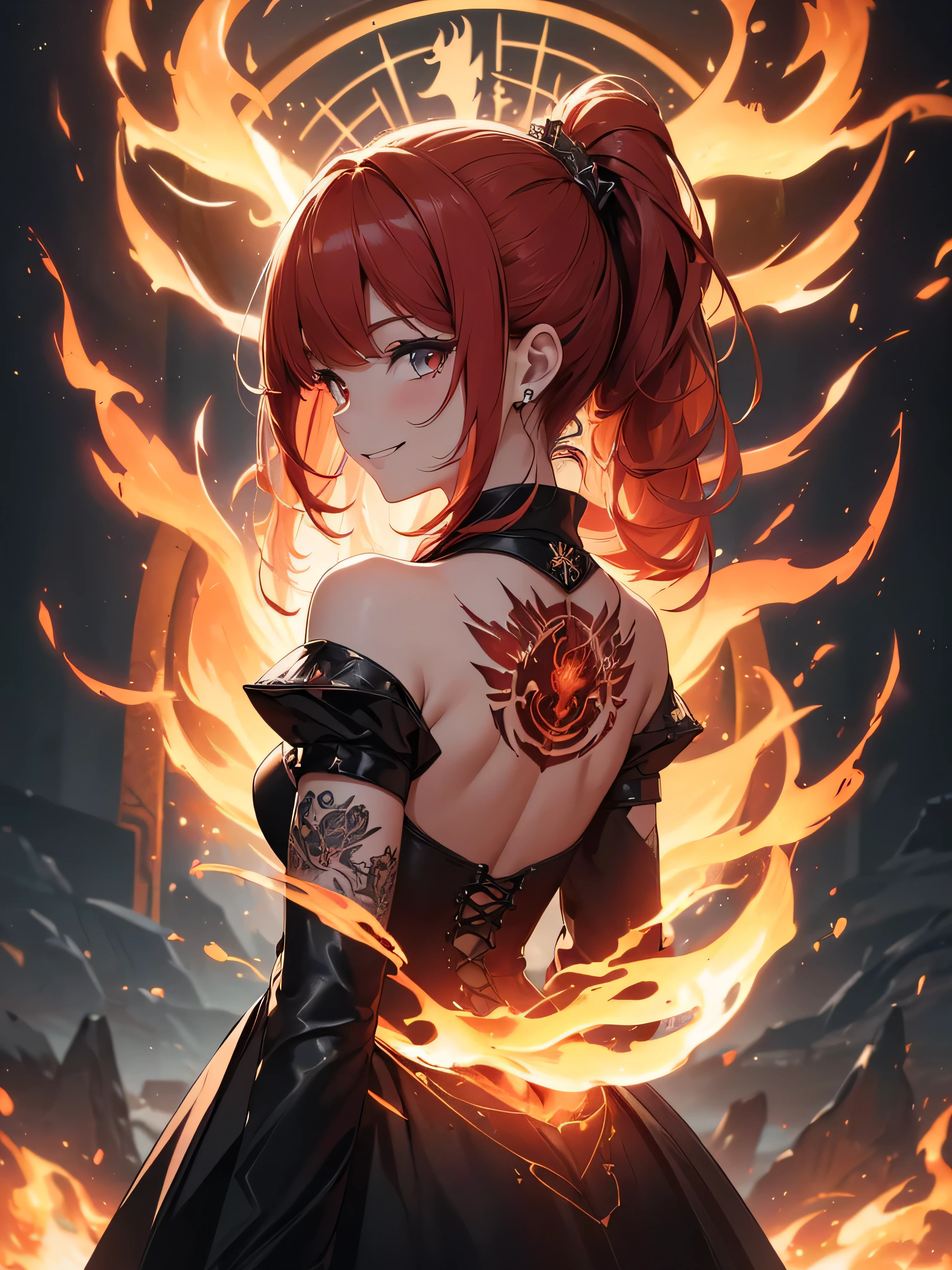(((best quality, sharp image, clear image, cinematic lighting, 8k resolution, masterpiece, ultra detailed, intricate))) Girl, (((looking over left shoulder))), (shot from behind), ((shot from hip up)), fiery red hair, pigtails, ((intricate black dress)), ((flaming sigils, flaming runes)), spiky rock formations, (flaming lotus flowers frame), (intricate background), (chaotic background), ((Phoenix)), (swirling flames), smiling,tatoo on back