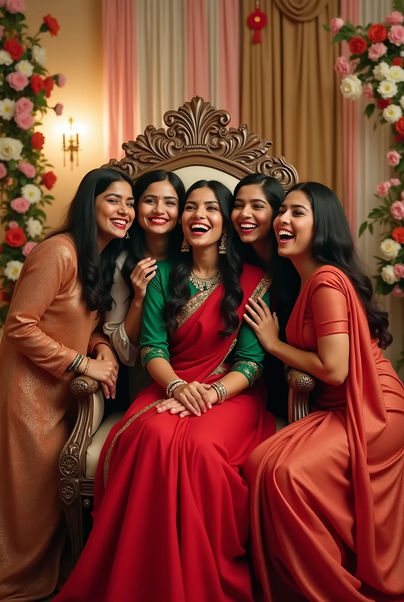 (photorealism:1.2), a women, 26 years old , wearing traditional red saree , green blouse,bengali bride ,royal jewellery, sitting on a chair, surrounded by all her female friends taking a selfie,all girls smiling,with beautiful background