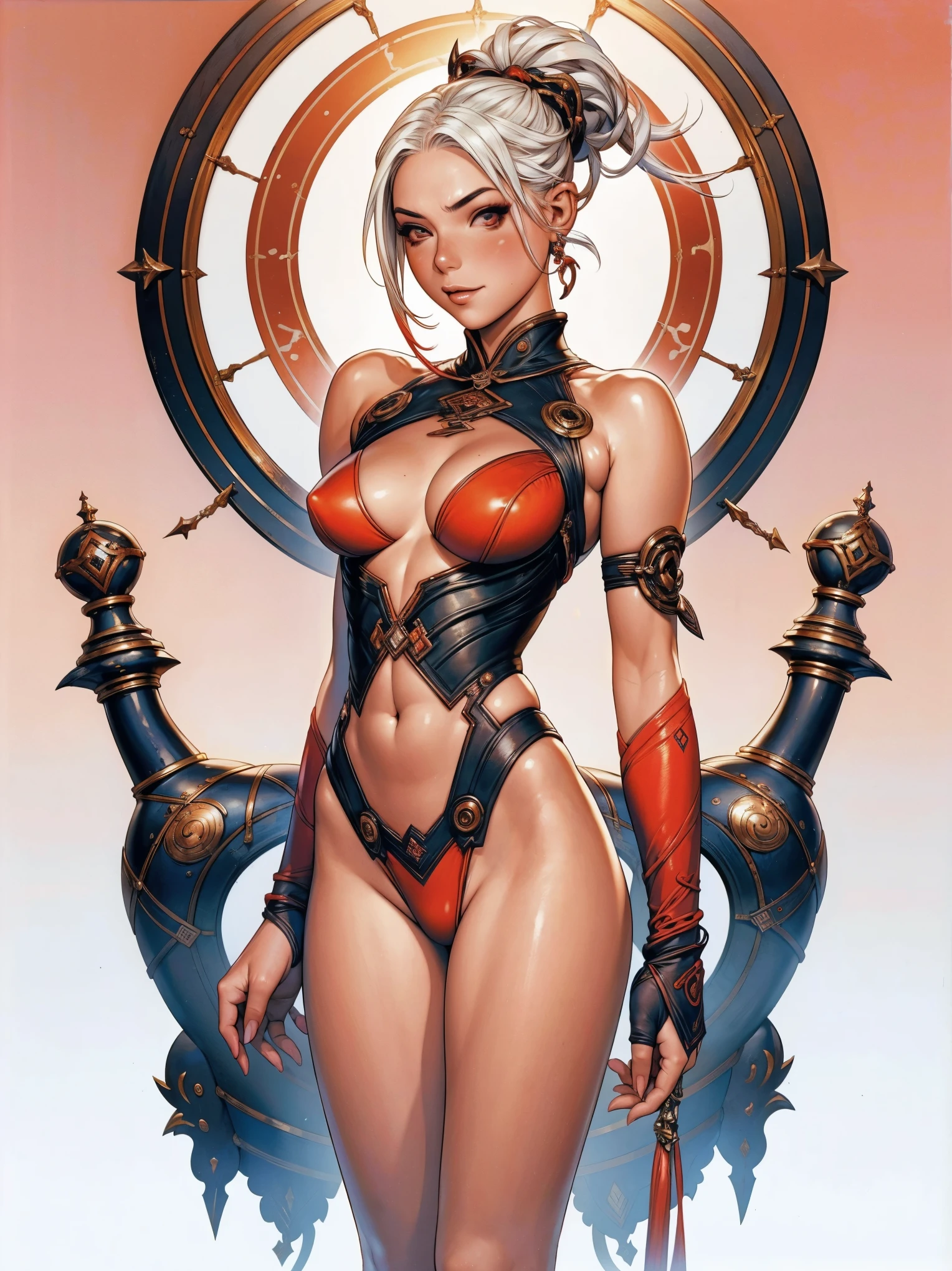(best qualityer))), (((manga strokes))), (((white hair with red highlights))), (((blue skin))), uma Kizi elfo com orelha pontudas em uma floresta densa, semi-naked with arms covered in rustic metal articulated armor, breasts covered with bands, tiny thong thong, perfect fitness body, perfect face with blush, devilish smile, skin shiny with sweat, dynamic pose, moving between the trees, looking back, fugitive, bitter face on my thigh, nude belly, fantasy atmosphere, sexly, manga strokes, High definition, (((best qualityer: 1.4))), (Unbeatable masterpiece), (hiper HD),(CG 8k hyper-realistic), Kizi, (((standing alone)))