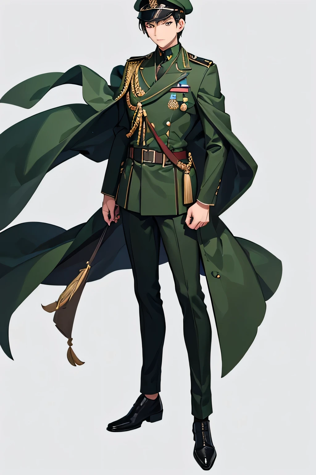 Asian male in his 20s，Thin body，Muscles are well-proportioned，Wearing military uniform，Black undershirt，Army green pants，No rank，Wearing a green wide-brimmed military cap，Dark green cape，Black eyes，Dark skin，Standing