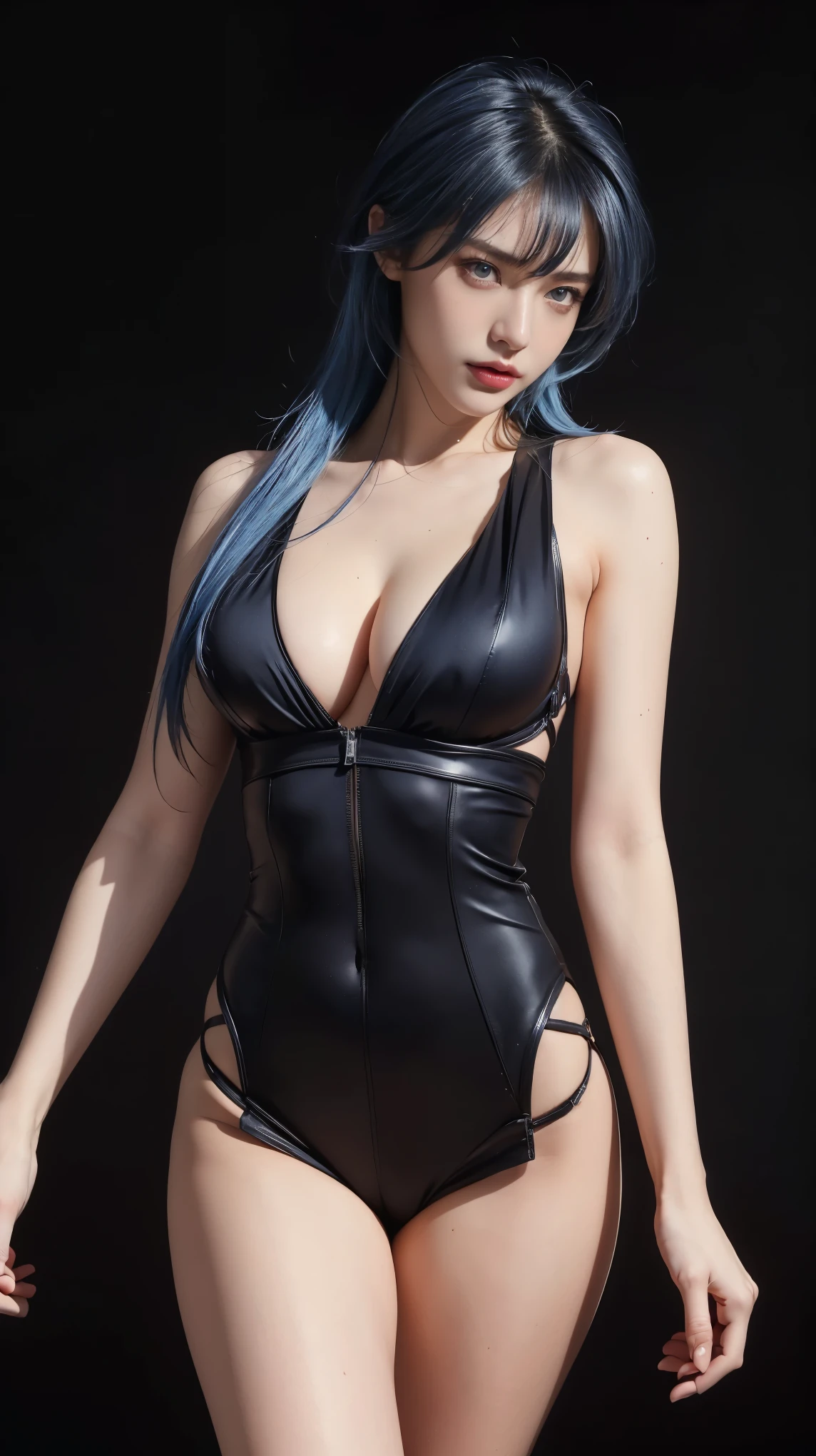 8K, Top Quality, Intricate Details, Ultra Detail, Ultra High Resolution, Masterpiece, (, portrait), ((close up shot, face shot, close up shot, portrait, face shot, passport shot, very close up shot, )), (full body: 1.1), Slender, Smile, (Makeup: 0.4), ((sexy pose,)), (Fluffy blue Eyes: 1.21), (()), 1girl, solo, 1 girl, ((bangs, blue hair, bangs, , bangs )), close up shot, , ((tall)), (((fit body))), (((slim face))), sharp face, ((, wind blow hair, )),skin tight suits, ((,bare shoulder, skin tight suits,) ,skin tight suits, (detailed face), sharp face, small lips, perfect hands, ((walking pose, walk pose)) , ((,walk pose, walking pose ,)), , ((cleavage, ,)),, detailed face, detailed breast,, huge breast , (()), detail ass, Narrow Waist, Skinny, tall , 175 cm tall, Muscular, Navel, Exposed Abdomen, Pointed Chest,, Beautiful girl with accentuated slender abs: 1.4, Six Pack Abs: 1.4, Bust Botox, Big, Perfect Body, detail leg, (( dark background)), black background,