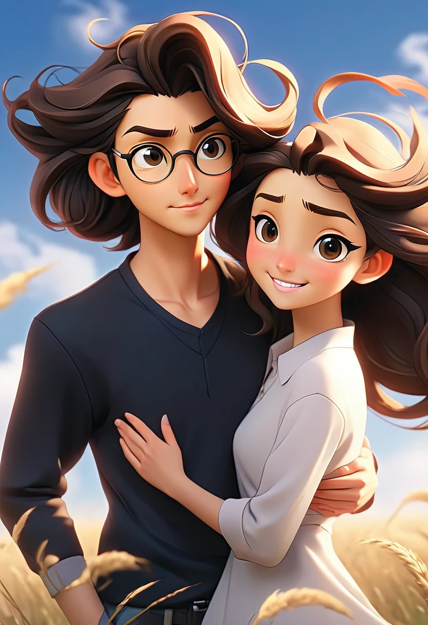 A masterpiece anime couple, cute, romantic, (best quality,4k,8k,highres,masterpiece:1.2),ultra-detailed,(realistic,photorealistic,photo-realistic:1.37),mature, adult, height difference, different fashion, different colors, casual wear, long sleeves, smiling, happy, love, swirling wind, blue sky, long-haired man with light brown hair, long-haired woman with black hair, woman with glasses