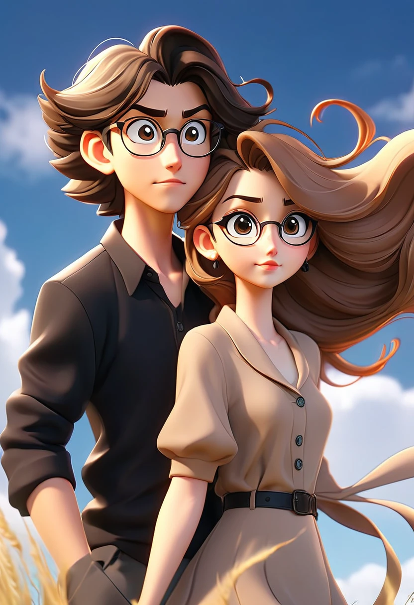 A masterpiece anime couple, cute, romantic, (best quality,4k,8k,highres,masterpiece:1.2),ultra-detailed,(realistic,photorealistic,photo-realistic:1.37),mature, adult, height difference, different fashion, different colors, casual wear, long sleeves, smiling, happy, love, swirling wind, blue sky, long-haired man with light brown hair, long-haired woman with black hair, woman with glasses