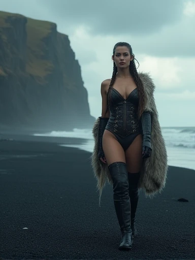 a voluptuous sexy hourglass body, sexy female viking warrior, braided hair, fur. Leather. Walking in the wind.Her huge breasts spill out of her cleavage.almost naked. Seductive voluptuous and d’éberlués woman.(best quality,4k,8k,highres,masterpiece:1.2),ultra-detailed,(realistic,photorealistic,photo-realistic:1.37),beautiful detailed eyes,beautiful detailed lips,extremely detailed eyes and face,longeyelashes,intricate details,dramatic lighting,moody atmosphere,epic iceland black sand landscape,cliff terrain,dark cloudy sky. (Michelle Pfeiffer:0.5, Naomi watts:0.3). The ground is covered in a mystical mist.