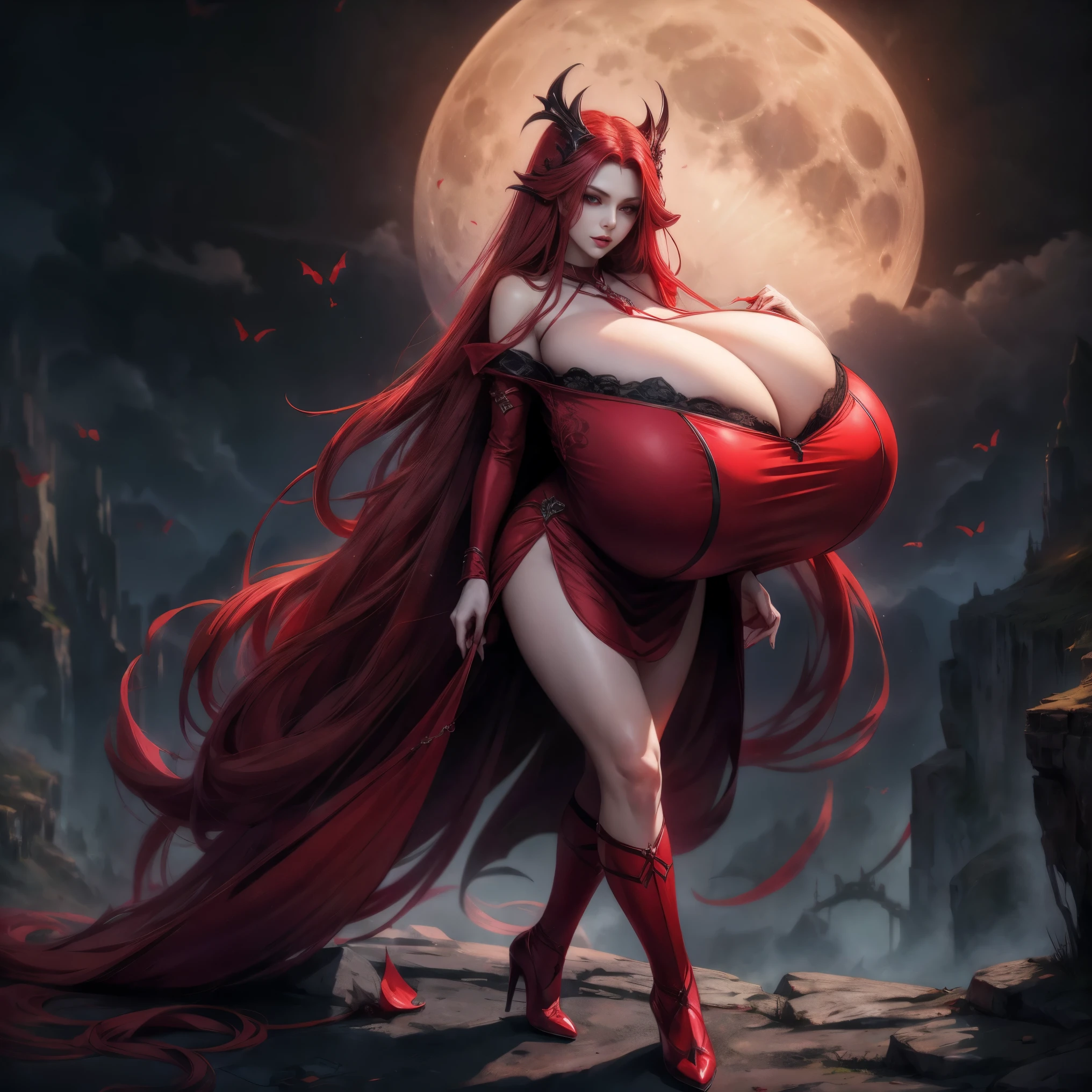 vampire Empress, extremely long red hair, (gigantic tits:1.2) (cleavage:1.2) red lingerie, long legs, skinny body, standing on cliff, full moon, horror atmosphere, hyper detailed anime art