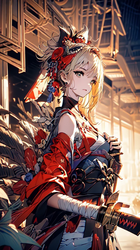 (((((roll up bandage sideways on a chest tightly to cover the chest without gaps))))), (((bandage samweways))),, ((Japanese Gangster BOSS)), adult woman with the dignified presence, Killing Qi, wear nothing around shoulder, wear nothing around neck, wear the kimono, wear it below the waist, I wind it up to control it, and to attach it, ((kimono come off)) ,wear the kimono multiple times, Bare shoulders and the clavicle, black and gold kimono, put on over jacket of kimono, (((holding a japanese sword, The handle of the sword, long sword))), low angle, whole body, anime character, Glaring, off sholder, Excellent, can see both shoulder, long kimono hem, small face, big tattoo on the arm,muscular,drink sake, The kimono is spreading,ultra-detailed,super beautiful,Masterpiece,Killing Qi,Intimidation, a person,Selfish person,Ginkgo biloba pattern,Under the trees with autumn leaves,tall,Imposing,colorful kimono