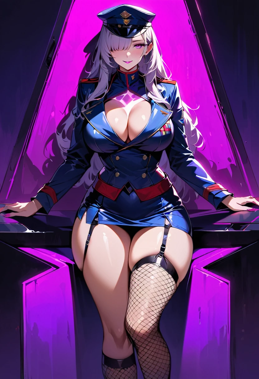 Mature beautiful woman,(Highest quality,Extremely detailed depiction,Incredibly absurd high resolution,Anatomically accurate depiction,Curvy Legs,A face with attention to detail, Eye for detail,Perfect body),(Glowing Skin,Shiny skin),(Sexy female soldier,uniform,Tight Skirt,High heels,Fishnet tights,Uniform cap,latex,garter belt),eyelash,Flashy makeup,eye shadow,Intensely glowing purple eyes,Half-closed eyes 1.3,There is cleavage in the chest,Shiny pink lipstick,Shadowed face,A seductive smile,Seductive gestures,whole body:1.1,background:military base,Dim atmosphere