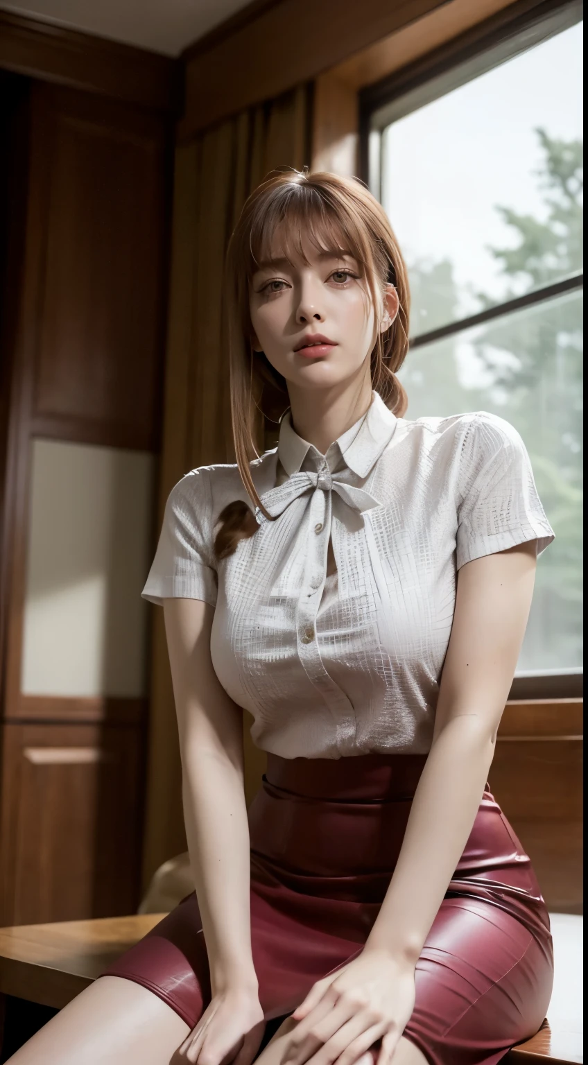 (best quality, master part, fullcolor, Dynamic angle, highest detailed) full body photo, glad, (Makima, chainsawman), handsome fashion photography (red long hair) Kizi (Stunning mature woman), ((Massive medium breasts)), High Dress Up Detailed Office Makima Suit, white shirt black tie(high resolution textures), in doggy pose, bokeh, (details Intricate, hyperdetailed:1.15), circunstanciado, sunlight passing through hair, office background, (offcial art, extremely detaild, highest detailed),