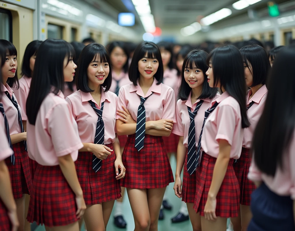 (Perfect Clone girls Raw Photography Art), (16K, Highest quality, Ultra-high resolution, Unrealistic, Unparalleled scale, A world of cloned girls multiplying, Ultra-realistic), (Japanese High School Girl, 16-year-old), (((((Small face, (((((Thick black hair, Semi-long hair)))))))))), ((Very beautiful detailed girls, Accurate body structure, Very detailed body, (((((Big Breasts))))), (((Pale pink shirt, Black and white diagonal striped tie, Red plaid mini skirt, White socks, Dark blue leather shoes))), ((Dark Eyes, Mature face, Cute Smile, A gentle gaze)), (((((Happy laughter))))), (((((Very detailed, 1girl-1,000,000cloning))))), (((100girls), (6+girls), multiple girls))), (((((Very detailed depiction of the other self, Perfectly the same girl, The exact same smile, Perfect same hair, Perfect same clothes, Exactly the same height, 完璧な同じBig Breasts))))), (((((clone girls only))))), ((10,000clone girls)), ((1,000,000clone girls)), ((1,000,000,000clone girls)), ((Clone girls only: Tokyo's crowded train, Standing posture, Intensive, Have fun and smile, Laughing, While talking, Hugs, Chest to Chest, Close in distance, Your face is very close.)), ((1,000,000,000,000,000,000clone girls)), ((1,000,000,000,000,000,000,000,000,000clone girls)), ((The sight of the ultimate super-crowded, 異常な超Intensive, Countless clone girls packed together tightly)), (Bright and soft light, (((((Extremely detailed and clear ultra-telephoto depiction)))))), (((Subject depth extremely shallow)))