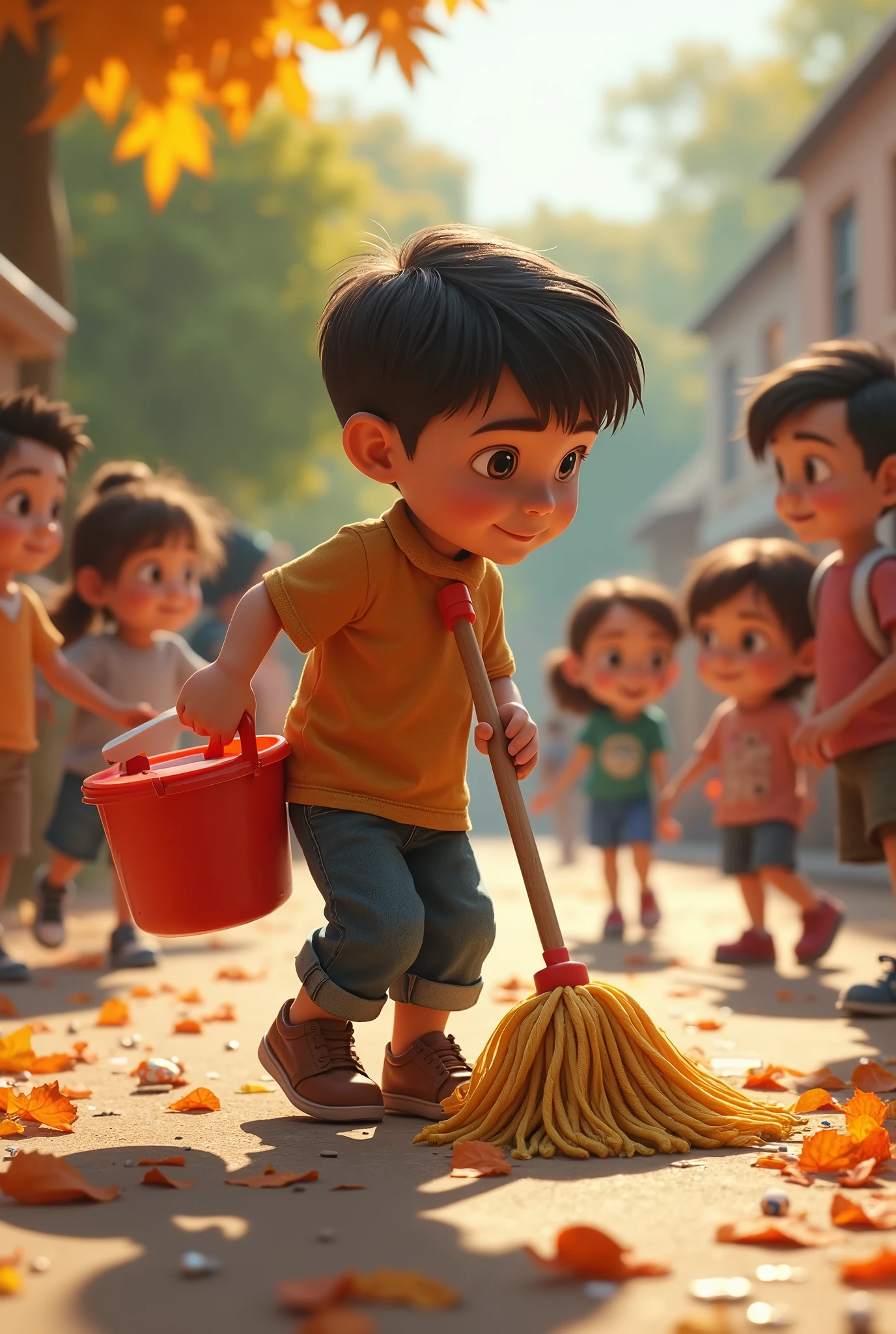 Hyper realistic, colorful Pixar style image of scene of 3D cartoon style of scene of the boy cleaning the playground with a mop and bucket. The background shows a playground with scattered leaves and trash, depicting a slightly messy environment. Other children watch from a distance with various expressions of curiosity and sympathy. The boy is focused on his task, with a determined expression.