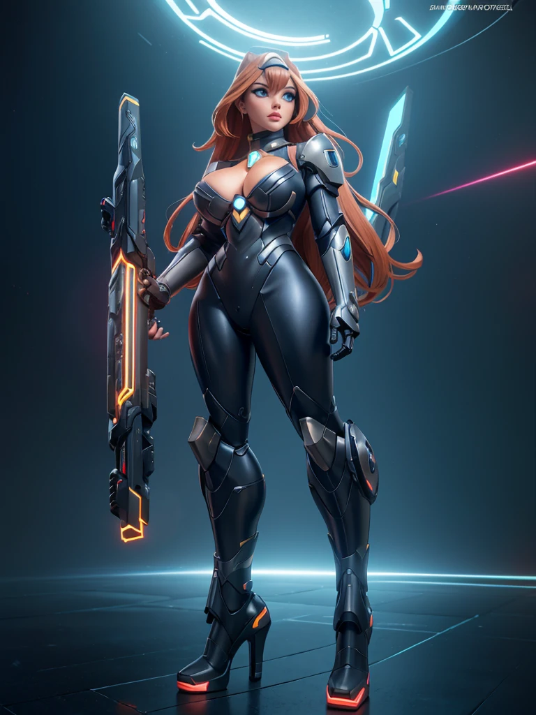a girl wearing mecha cyber armor,technology bodysuit,smart lines in the costume, long cleavage,tech boots,tech gloves,(mechanized valkyrie girl),full body,high heels,intricate details,hyper realistic,8k,,dynamic pose,dramatic colors,complex patterns,futuristic,cyberpunk,chiaroscuro lighting,highly detailed,photorealistic,unreal engine,volumetric fog,advanced rendering, technology pistol in hands shining.
