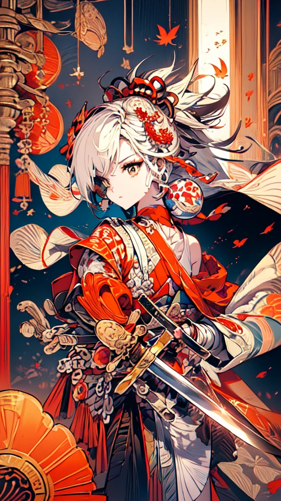 (((((roll up bandage sideways on a chest tightly to cover the chest without gaps))))), (((bandage samweways))),, ((Japanese Gangster BOSS)), adult woman with the dignified presence, Killing Qi, wear nothing around shoulder, wear nothing around neck, wear the kimono, wear it below the waist, I wind it up to control it, and to attach it, ((kimono come off)) ,wear the kimono multiple times, Bare shoulders and the clavicle, black and gold kimono, put on over jacket of kimono, (((holding a japanese sword, The handle of the sword, long sword))), low angle, whole body, anime character, Glaring, off sholder, Excellent, can see both shoulder, long kimono hem, small face, big tattoo on the arm,muscular,drink sake, The kimono is spreading,ultra-detailed,super beautiful,Masterpiece,Killing Qi,Intimidation, a person,Selfish person,Ginkgo biloba pattern,Under the trees with autumn leaves,tall,Imposing,colorful kimono,Carrying a katana on his shoulder