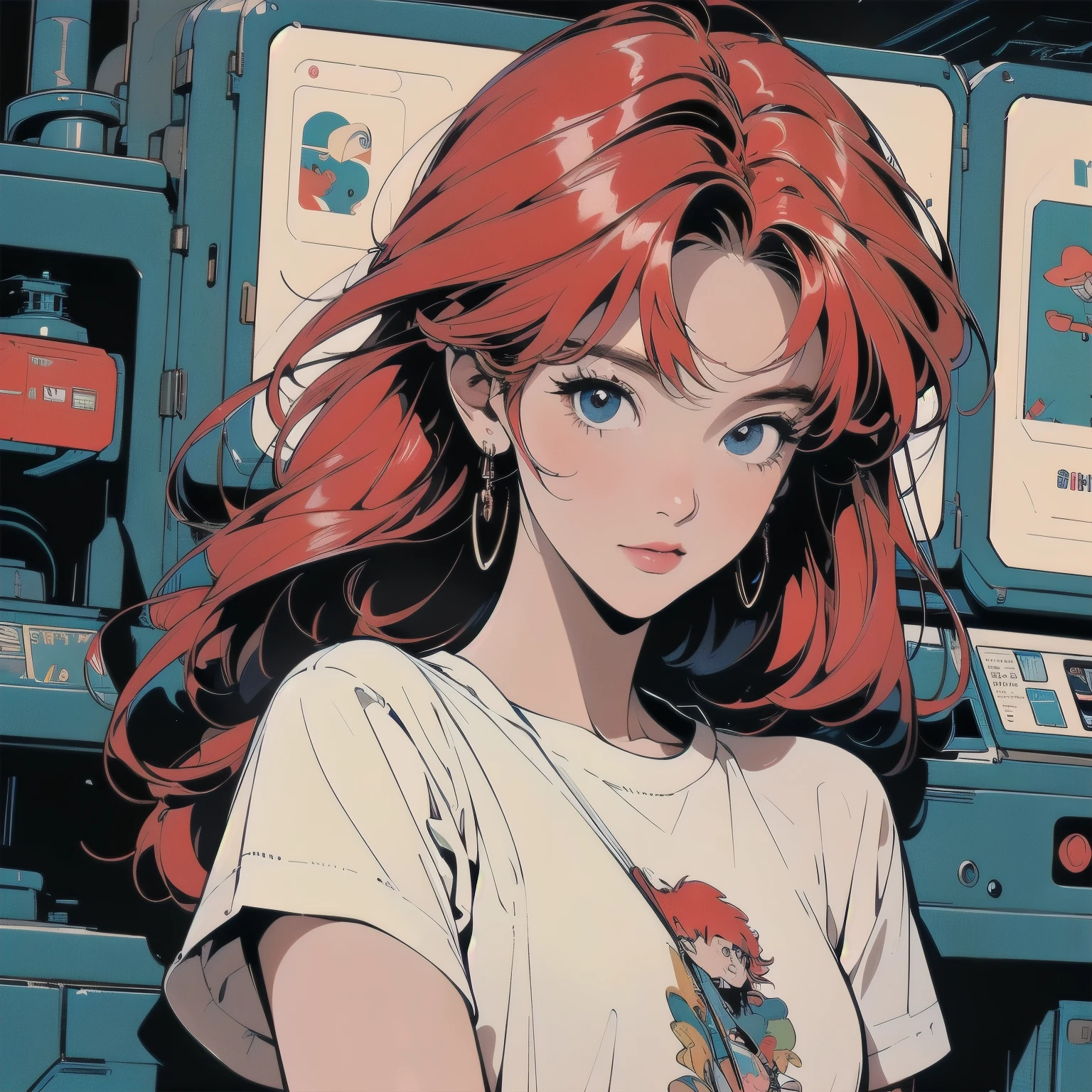 (((masterpiece, Highest quality)))、(((32K Wallpapers)))、The most detailed machine、(((The most complete and detailed colorfull futuristic machine and a woman)))、The most detailed background、(((Flat Chest)))、(((Surrounded by many complex, sophisticated, futuristic machines)))、head shot,((((more various angle))))、((Overall colorfully))、A perfect machine、(((Perfect Face)))、(((The most complete machine of the future)))、Detailed Hair、Trigun、Short sleeve white T-shirt、red hair、long hair