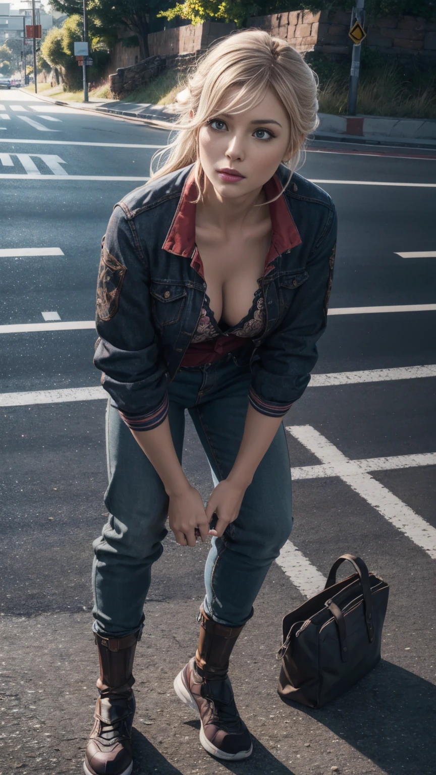 A woman peeing her pants on the side of the road, look of relief and arousal on her face, full body portrait, hyper-realistic, photorealistic, 8k, masterpiece, ultra-detailed, physically-based rendering, vivid colors, studio lighting, dramatic lighting, intricate details, detailed face, beautiful eyes, beautiful lips, 
