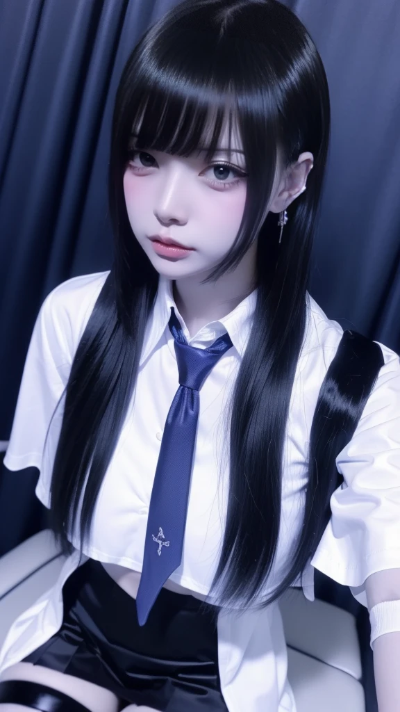 Highest quality、8k、32K、masterpiece、Ultra Clear、Highest quality、8k full vision, Cinema Lighting:1.2)、(Blue Right), One Girl、Long Hair Girl、Beautiful Japanese Women、Black-haired、Heavy bangs、Accentuate your breasts、choker、(超Big Breasts:1.5), (jirai type fashion、Jirai Type Makeup, Jirai Girl), Sparkling under-eye bags、Red glitter eye makeup, From feet to head、
The hotel bed with the lights turned off、Sex Room、Love Hotel:1.8,
(masterpiece, Highest quality, Highest quality, Official Art, beautifully、aesthetic:1.2), (2 girls:1.8), Cinema Lighting、(Key Light:Front 45 degree angle, Subsidy light、Backlight、Shadow、Blue and orange color palette), Accurate human body、Someone knowledgeable、Correct five-finger、RAW Photos、 4K - ultra-vivid、Highest quality, masterpiece, Ultra-high resolution, (reality: 1.4),
1 girl、/Jet Black Hair/、(((/Black and purple super shiny latex panties/)))、((( /Dark Skin/ , /White shirt and tie/ , high school girl、Pleated skirt , Oilskin)))、(Shiny body: 1.5)、 Be embarrassed、(Ahegao:1.5)、((/Black Mask/))、Full of embarrassment、Sexy pose、((vapor))、/break/, Love Hotelのベッドの上、(((UV Light、/Fluorescent black light illumination/)))、dim, Nasty room、Desaturation in the room
(((Oilskin,Glowing Skin、Realistic skin texture、Beautiful skin in every detail、Glowing Skin、Glowing Skin)))、
Upper Body Shot, Low camera angle, Written boundary depth, Focus on the center, Beautiful Eyes, Perfect face and eyes、
1 girl、
, (Goth Makeup), (White skin), (T-shirt and skirt), (Show below ), (Fishnet tights), (Belly Button Jewelry), (Earrings), (Earringsのついた唇), /Purple eyes/, /Short black emo hair/, (Big Breasts), (8k), (wallpaper), (Dynamic Lighting), (Detailed face and eyes:1.2)、Short skirt、Low-cut platform boots and oversized shirts、Off the shoulder, /break/Two