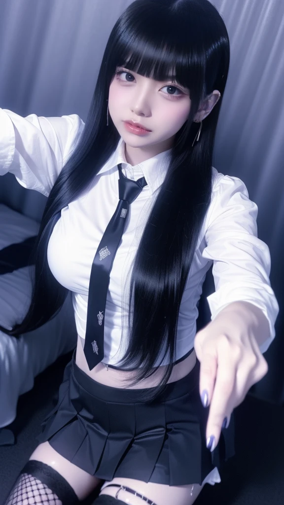 Highest quality、8k、32K、masterpiece、Ultra Clear、Highest quality、8k full vision, Cinema Lighting:1.2)、(Blue Right), One Girl、Long Hair Girl、Beautiful Japanese Women、Black-haired、Heavy bangs、Accentuate your breasts、choker、(超Big Breasts:1.5), (jirai type fashion、Jirai Type Makeup, Jirai Girl), Sparkling under-eye bags、Red glitter eye makeup, From feet to head、

The hotel bed with the lights turned off、Sex Room、Love Hotel:1.8, 

(masterpiece, Highest quality, Highest quality, Official Art, beautifully、aesthetic:1.2), (2 girls:1.8), Cinema Lighting、(Key Light：Front 45 degree angle, Subsidy light、Backlight、Shadow、Blue and orange color palette), Accurate human body、Someone knowledgeable、Correct five-finger、RAW Photos、 4K - ultra-vivid、Highest quality, masterpiece, Ultra-high resolution, (reality: 1.4), 

1 girl、／Jet Black Hair/、(((/Black and purple super shiny latex panties/)))、((( /Dark Skin/ , /White shirt and tie/ , high school girl、Pleated skirt , Oilskin)))、(Shiny body: 1.5)、 Be embarrassed、(Ahegao:1.5)、((/Black Mask/))、Full of embarrassment、Sexy pose、((vapor))、/break/, Love Hotelのベッドの上、(((UV Light、/Fluorescent black light illumination/)))、dim, Nasty room、Desaturation in the room

(((Oilskin,Glowing Skin、Realistic skin texture、Beautiful skin in every detail、Glowing Skin、Glowing Skin)))、


Upper Body Shot, Low camera angle, Written boundary depth, Focus on the center, Beautiful Eyes, Perfect face and eyes、

1 girl、
, (Goth Makeup), (White skin), (T-shirt and skirt), (Show below ), (Fishnet tights), (Belly Button Jewelry), (Earrings), (Earringsのついた唇), /Purple eyes/, /Short black emo hair/, (Big Breasts), (8k), (wallpaper), (Dynamic Lighting), (Detailed face and eyes:1.2)、Short skirt、Low-cut platform boots and oversized shirts、Off the shoulder, /break/Two