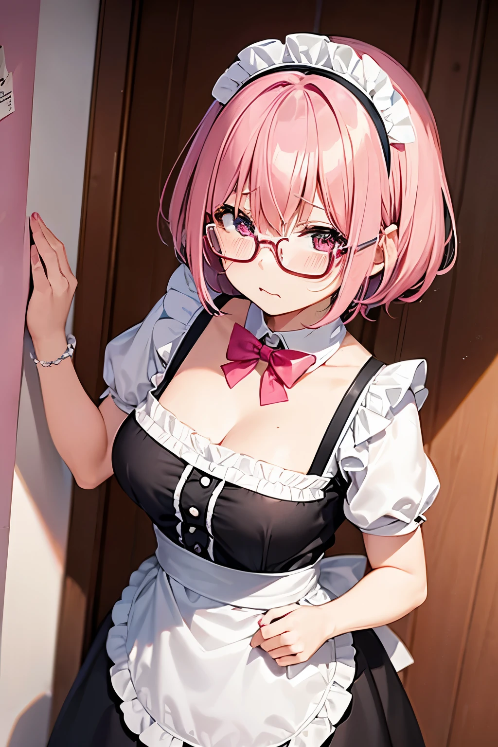 Stylish maid cafe、
Pink Hair Color、Pink Bob Cut、Short Hair、Cat ears on、Wearing glasses、Wearing a mini maid outfit、Face is red from being scolded、Full body image from the front、high resolution、Medium breast、My cheeks are red.、Embarrassed、Feeling embarrassed、
