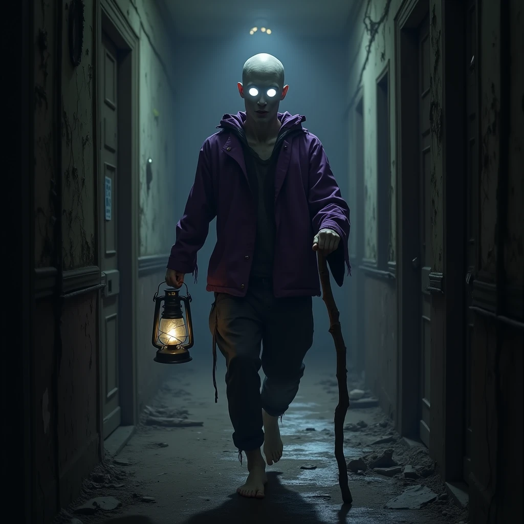 A supernatural creature, Floating with pale skin, empty eyes with bright white pupils, he is bald, wears a purple jacket and walks barefoot, he also uses a cane in his right hand and a lantern in his left hand, the background location is an abandoned orphanage. I want the art style to be like a horror game..