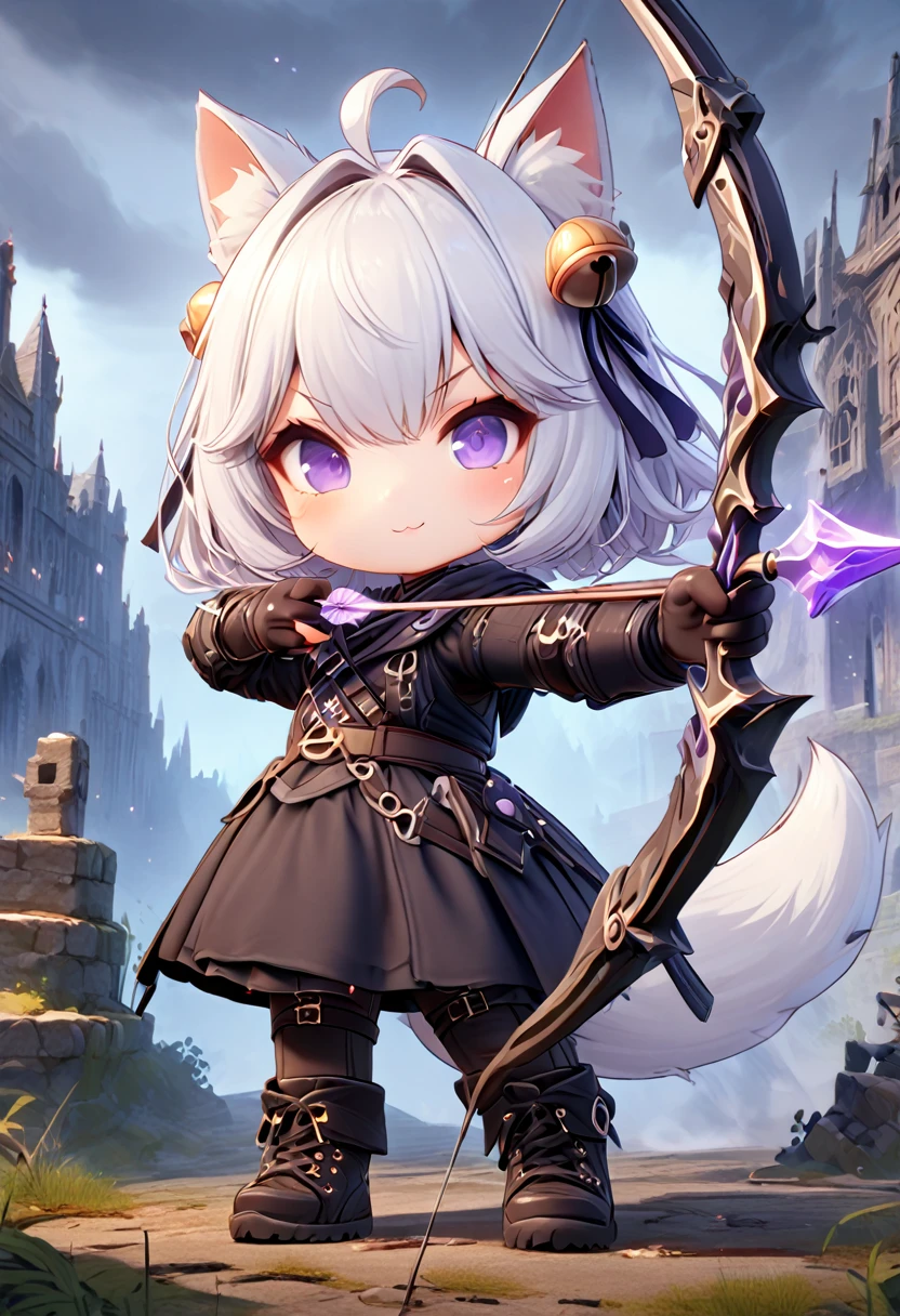 master piece, best quality, ultra-detailed, illustration, midnight, battlefield, gloomy atmosphere, broken castle, broken walls, ruins, purple flames, purple lightning, 1girl, solo, chibi, (big head), cute pose, front view, looking at viewer, ((full body Close up)), chubby, fat, filian, filianoverall, Filiansailor, ((white hair)) , short hair, shoulder length hair, fly-away hair, bangs, (hairclip), (purple hair ornament), cat ears, (hair bell:1.3) ahoge, purple eyes, closed mouth, smiling, (white fox tail), (black tattered robe), long gown, black arm sleeves, (black gloves) , holding a bow, long bow, purple bow, aiming an arrow, black stockings, black boots