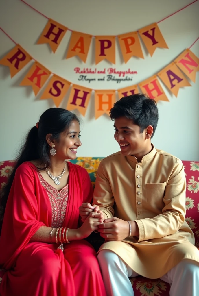 A lifelike 4K image of a 22-year-old brother and 18-year-old sister sitting on a floral patterned sofa. The sister, wearing a bright red salwar kameez, is tying a glittering rakhi on her brother's wrist. The brother, in a beige kurta, holds a small gift bag. Both are smiling warmly. A colorful "Happy Raksha Bandhan" banner hangs on the wall behind them, with "Mayur and Bhagyashri " written below in decorative script.