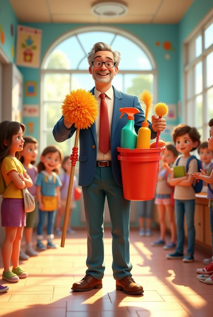 Hyper realistic, colorful Pixar style image of scene of 3D cartoon style of scene of the man school's principal holding cleaning kit