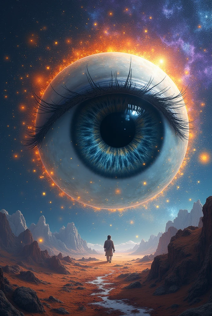A huge eye with a transparent black and white color, floating quietly behind saturated and overlapping colors.
