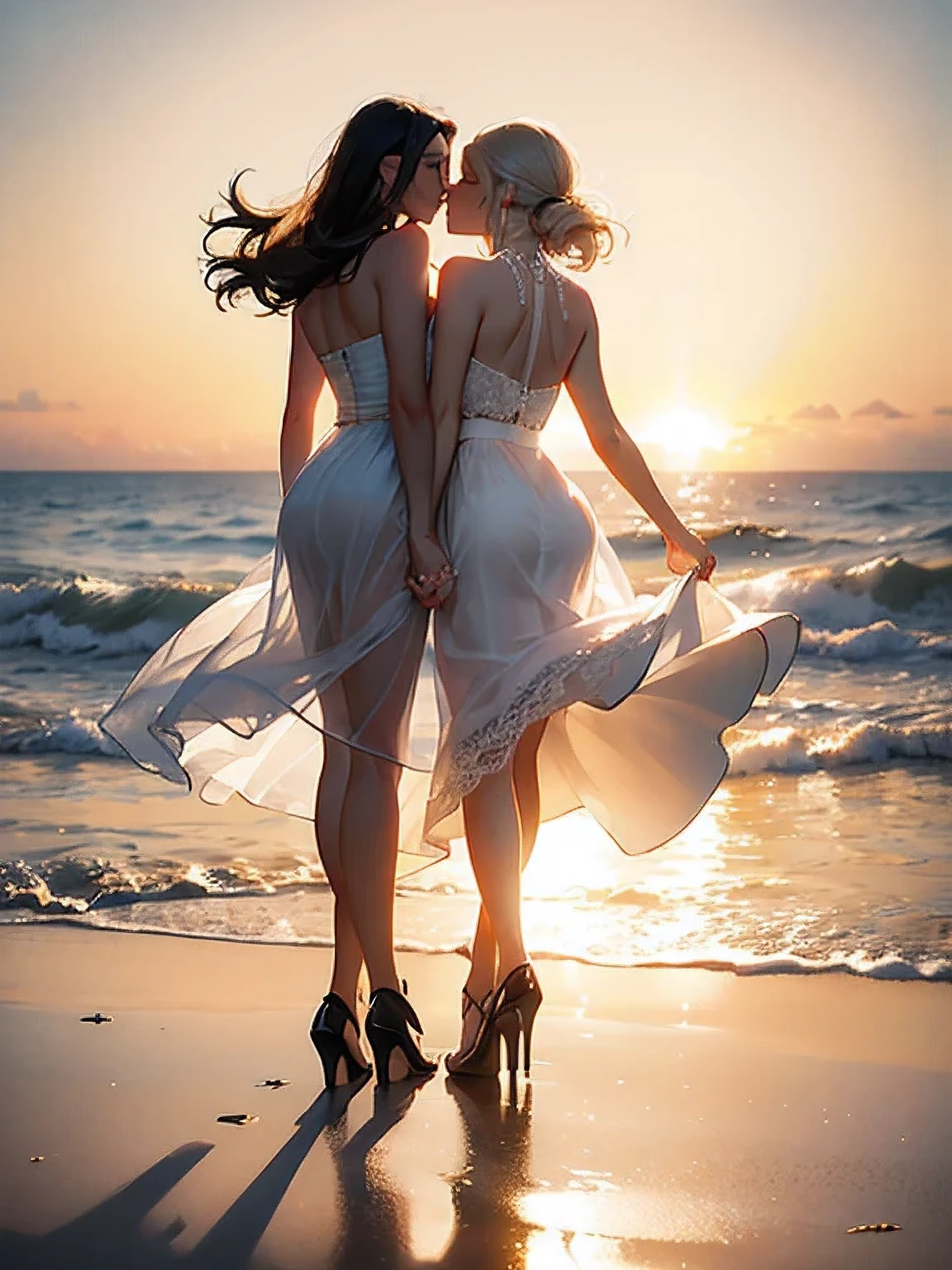 (realistic photo:1.37), Summer sea evening sunset, Sunset overlap the person, The sunset is reflected on the sea surface, (Dazzling sunset:1.4, beautiful evening sunset:1.3), (2 womens, Back view of two women on the beach), (((Holding hands and looking beyond the horizon))), (Lens Ghosting:1.5, lens flare:1.2, Octagon-shaped lens ghost), Fiery Horizon, (Silky platinum blonde Hair:1.2), (The other one woman ultra Shiny straight black hair:1.3), ((Natural backlighting:1.4)), ((one woman wears lace tiered mini skirt and sheer white Summer clothes)), ((The other one woman wears a sheer tulle skirt and Sheer Summer Dresses)), ((full body view:1.2)), Slightly slimmer body, Realistic Skin, Slightly large butt, high heels,
BREAK. masterpiece, ultra high resolution, high definition RAW photograph, Highly detailed CG, best quality, 4K, perfect anatomy, perfect proportions, Romantic Landscape, Shooting from below, Sparkling sea, Accurate limbs, Back blur, Hand details, finger details, light leaks, erotic body