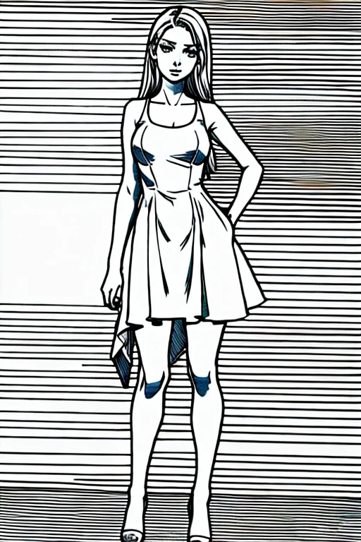 ((Highest quality)), ((masterpiece)), (detailed), 1 teenager, Wearing a one-piece dress、Standing in front of the wall、Line art