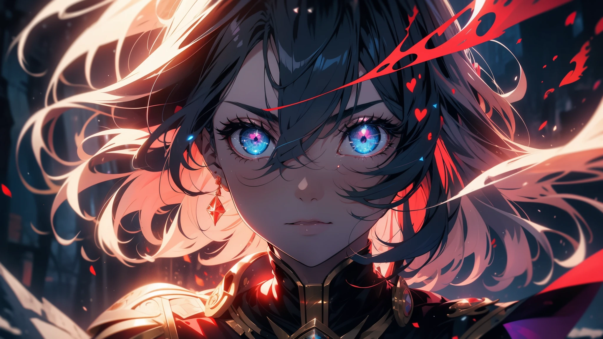 masterpiece, 1girl,, spell, mage, Dark Elf, scary, glow, particles, shining brightly eyes, stunning, spectral, snow, gorgeous, perfect face, expressive eyes, cute,Very beautiful big breasts,tatuados,8k,resolution,masterpiece,Highest quality,Intricate details,Very detailed,Clear focus,Wavy Hair、Red Flame Effect、Black Hair、headphone