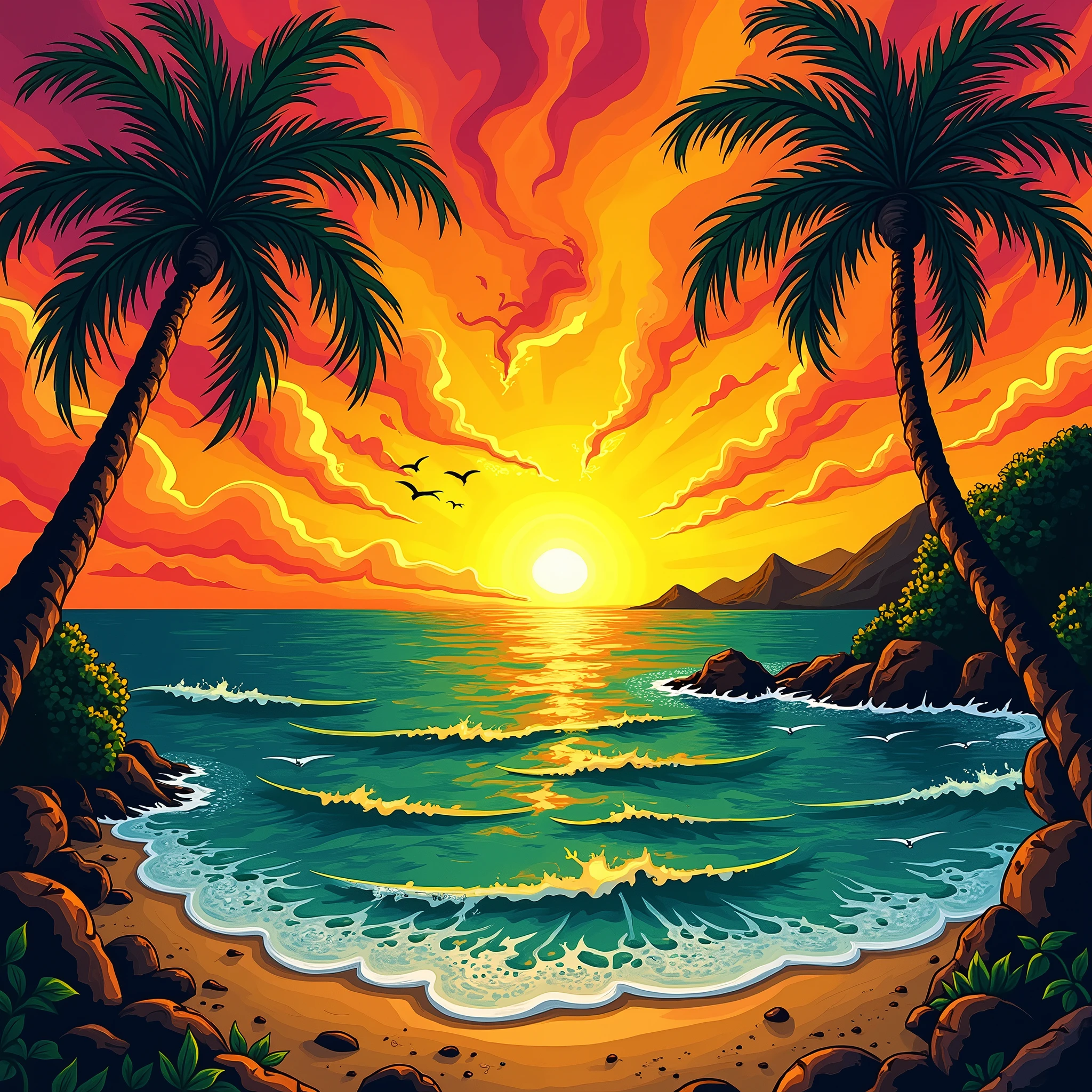 vectorial art, With a lot of Jamaican reggae, Authentic Jamaican Reggae Music Atmosphere,colorful illustrations, At the center, swirly vibrant colors, paint splashes and smears, high détail,