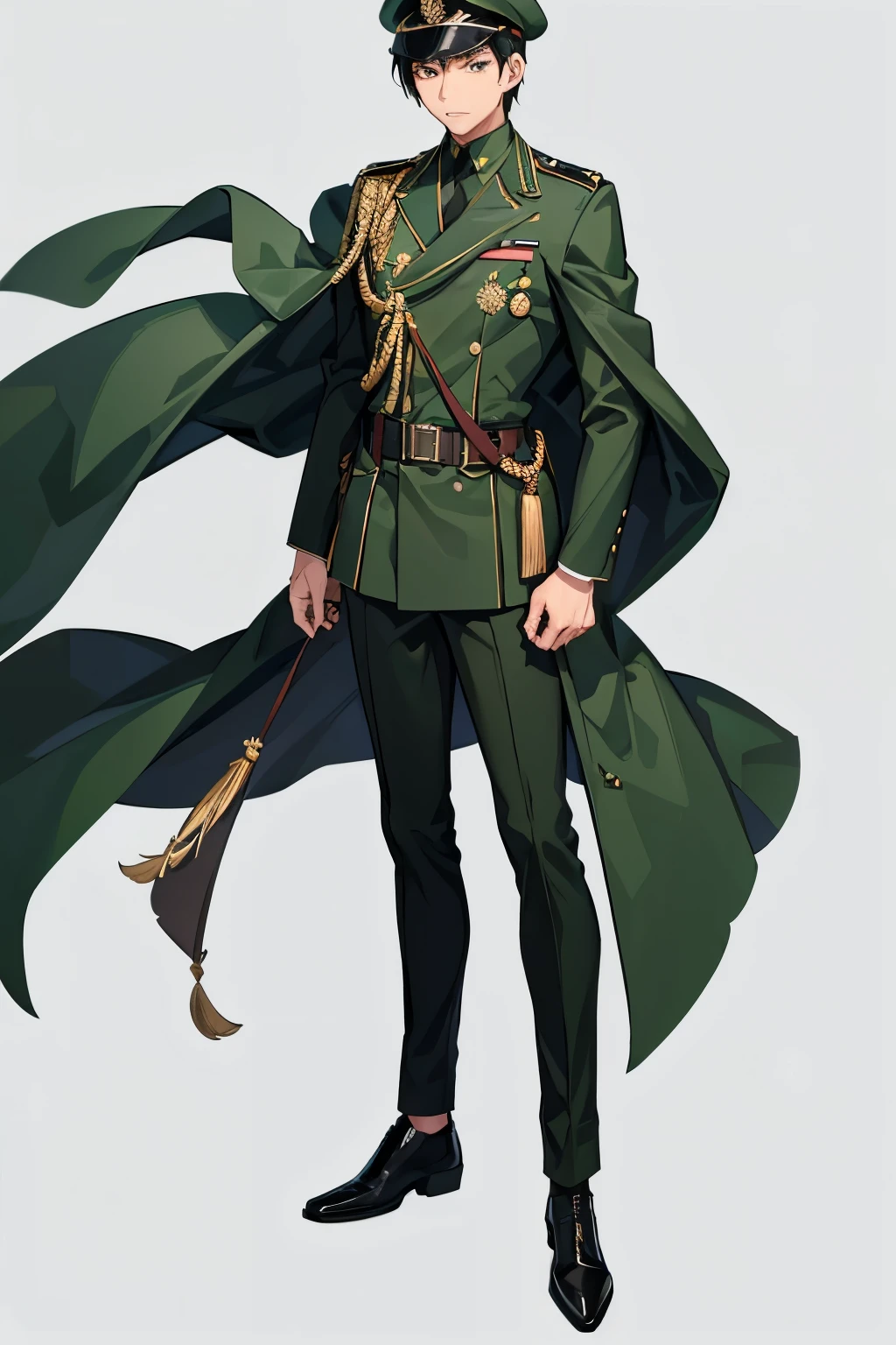 Asian male in his 20s，Thin body，Muscles are well-proportioned，Wearing military uniform，Black undershirt，Army green pants，No rank，Wearing a green wide-brimmed military cap，Dark green cape，Black eyes，Dark skin，Standing