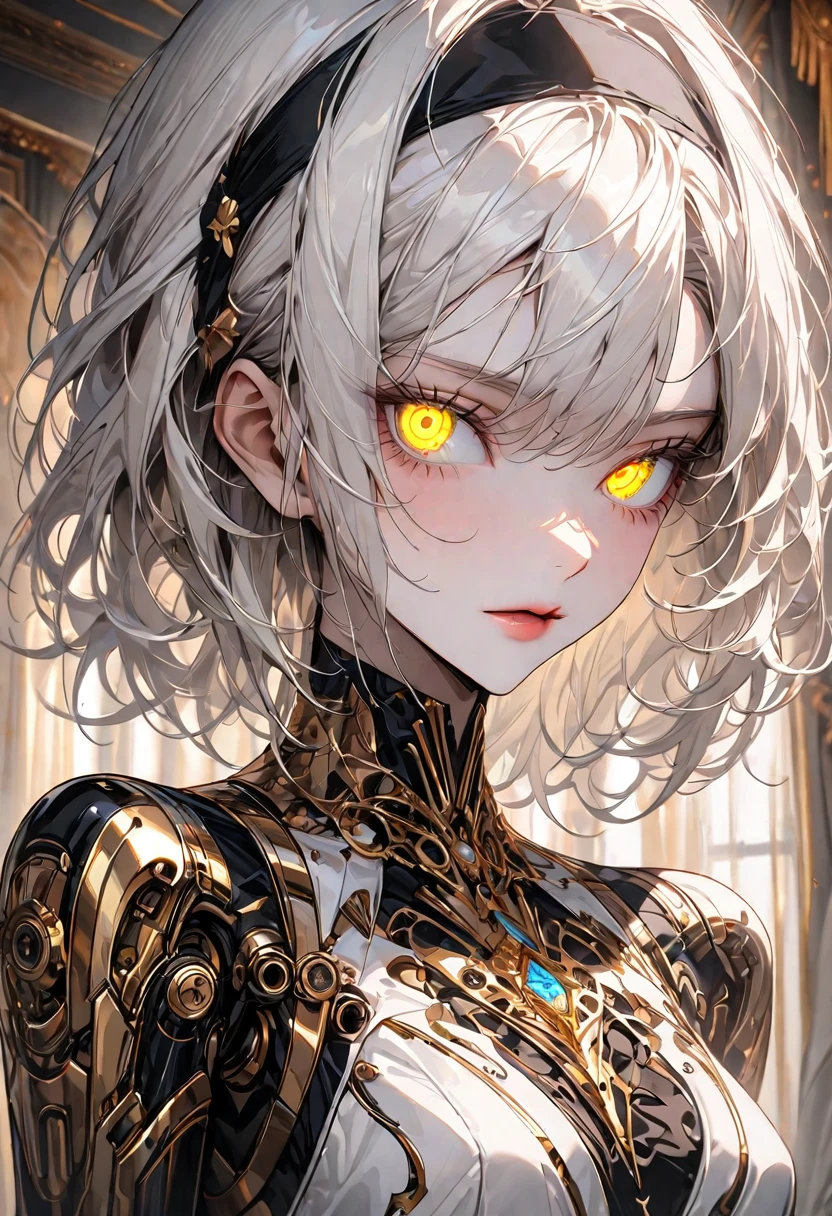clockwork automaton of exceptional quality and design, built of polished steel and brass, intricate refined gold accents, 180 cm, slender and agile frame, built for both strength and elegance, human-like face, expressive eyebrows, deep-set glowing gemstone eyes, thin delicate lips capable of forming any expression imaginable, silver hair held in place by a simple yet elegant headband, solo, female, robot, steel and brass arms, steel and brass body, solo, female, being exhibited in a luxurious mansion with velvet curtains, close up, elegant white indoors