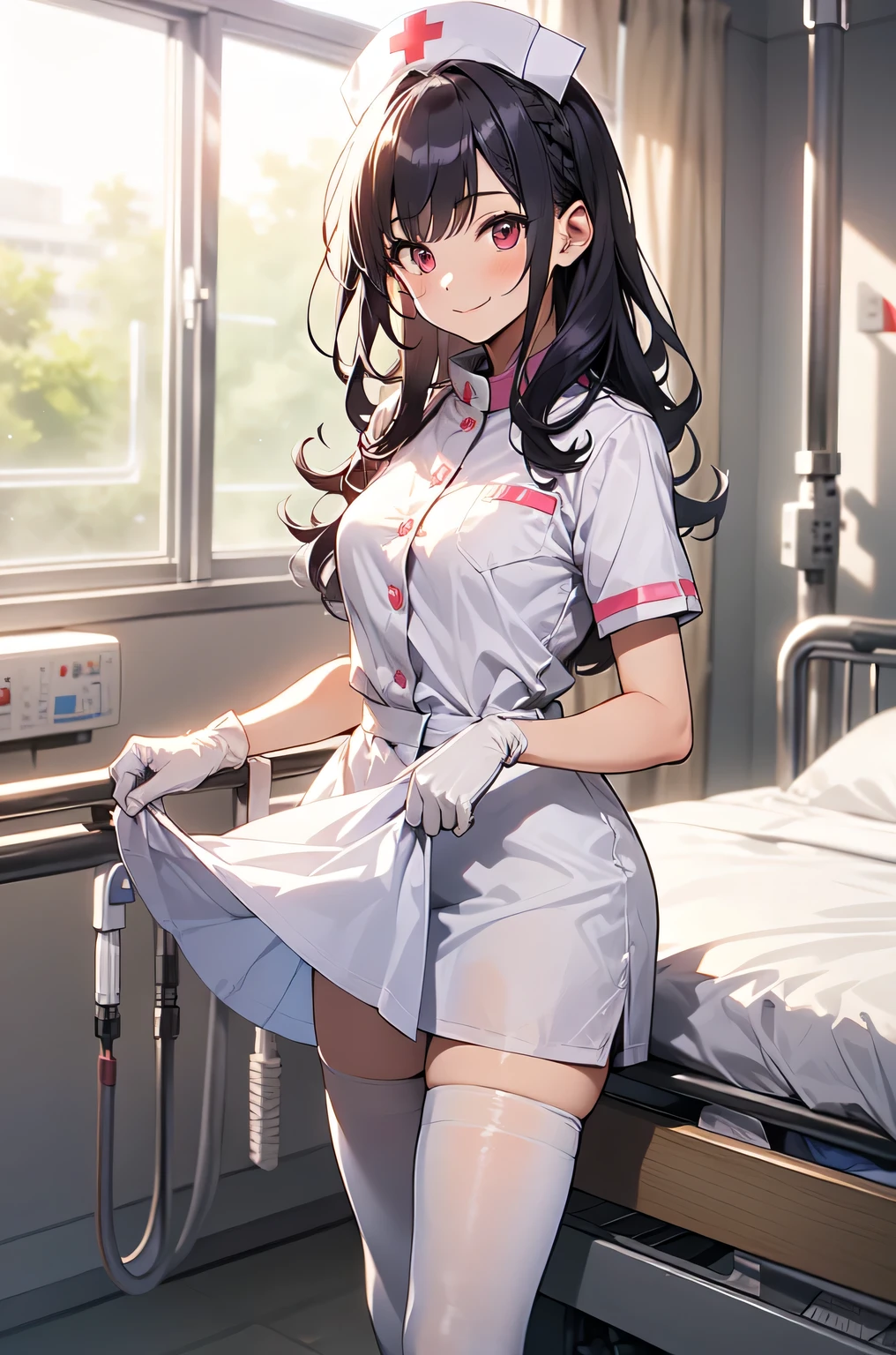 1boy, solo, male focus, nurse, white nurse cap, white nurse uniform, ((white legwear, zettai ryouiki)), white gloves, long hair, purple hair, red eyes, smile, standing, ((hospital room)), sharp outline, short sleeves, shota, , best quality, masterpiece