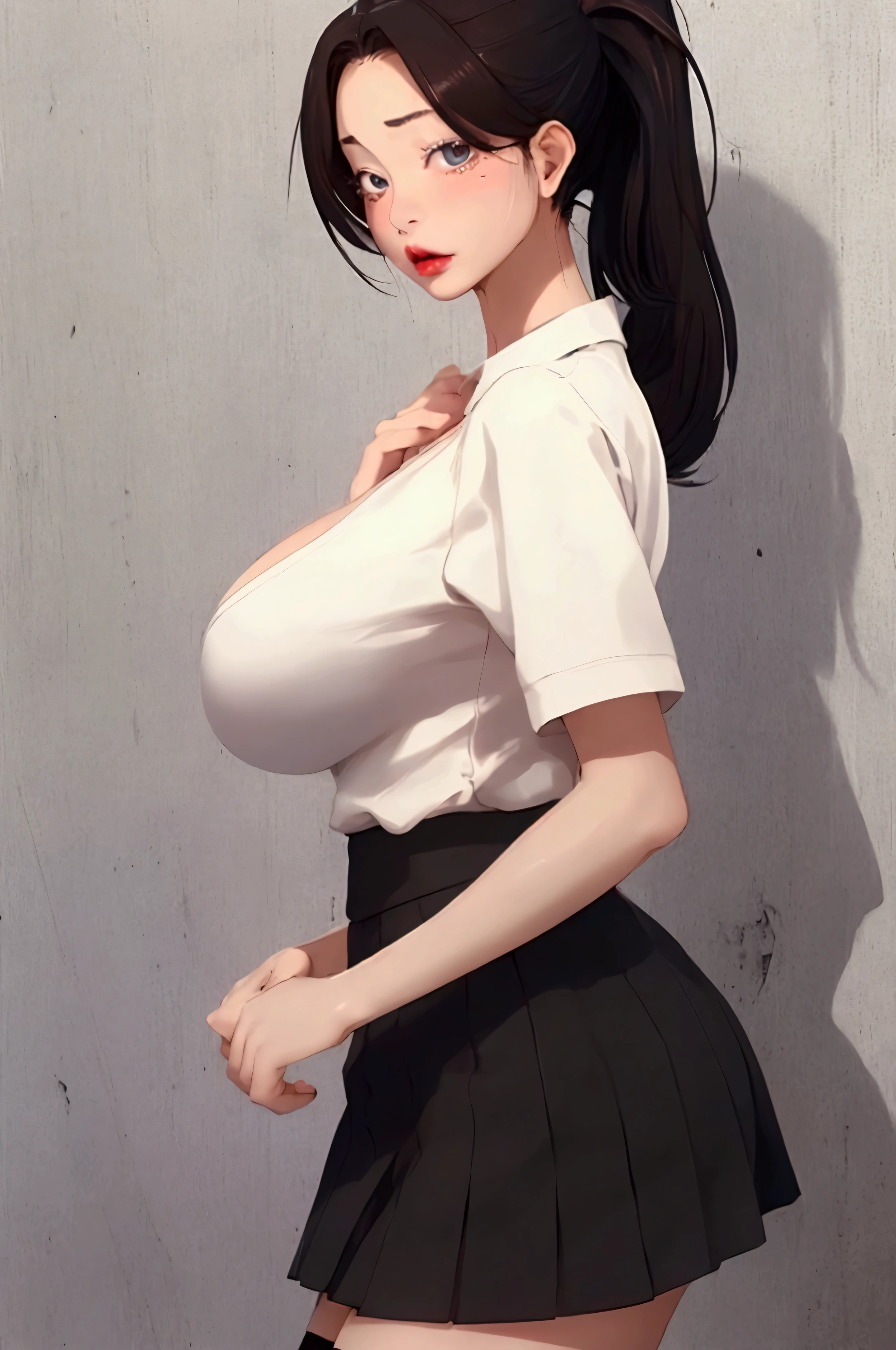 masterpiece, best quality, illustration, Very detailed, Fine details, high resolution, 8K,wallpaper, Perfect dynamic composition,(Detailed information high quality, Realistic eye depiction:1.3), High School Classroom、Female Teacher Online、Cardigan、Extra short skirt with hips、Black silk high socks、Garter、huge 、Disrupted、Low Ponytail, Black hair, Sexy pose, Natural color lipstick, bold Sexy pose, (Perfect body shape), A little crying、Harajuku style、20 year old girl、Cute, Beautiful legs, Posing gravure idol, Plump thighs，Big Breasts，Shoulder-length hair