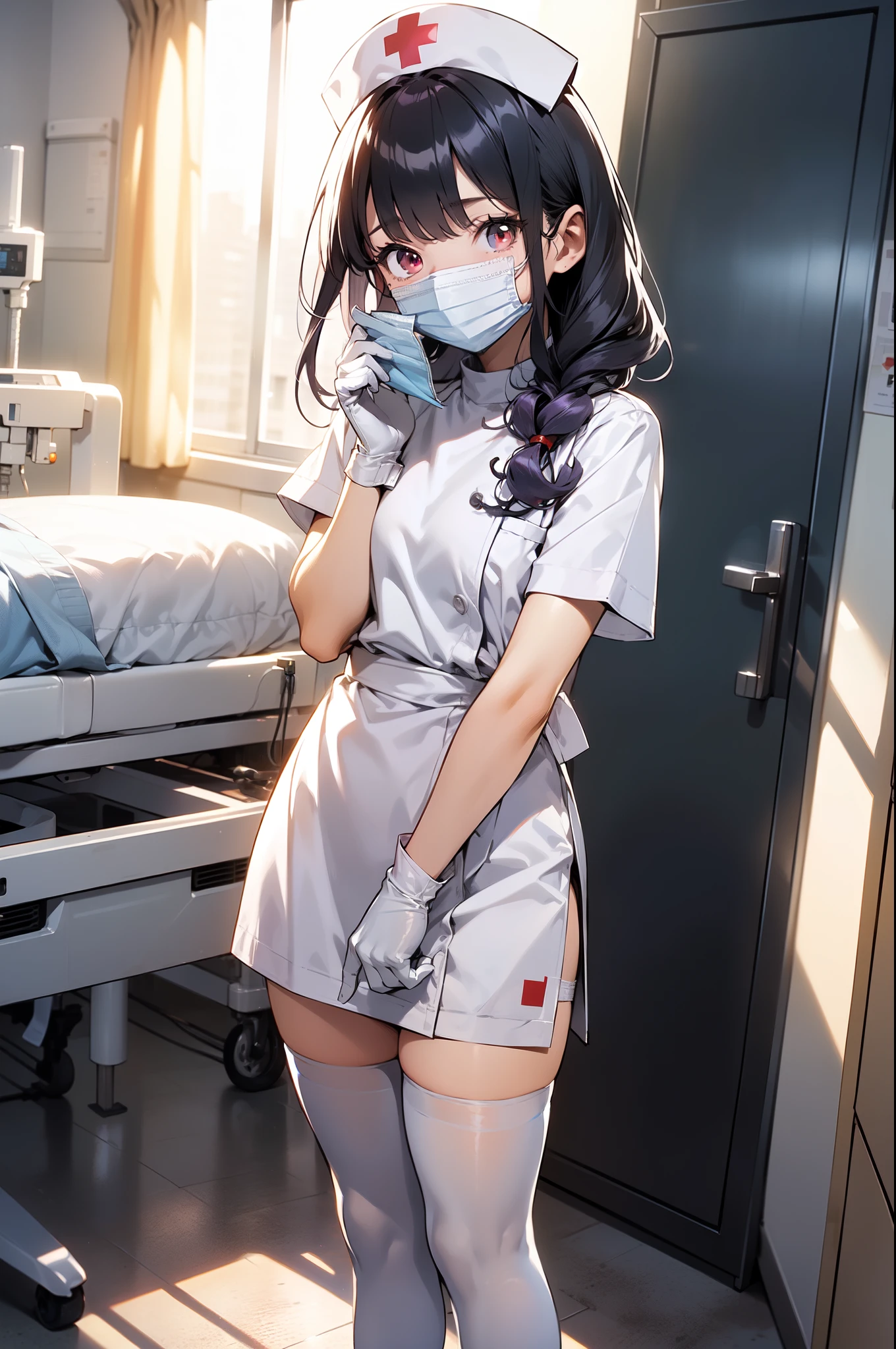1boy, solo, male focus, nurse, white nurse cap, white nurse uniform, ((white legwear, zettai ryouiki)), white gloves, long hair, purple hair, red eyes, ((white surgical mask, covered nose)), standing, ((hospital room)), sharp outline, short sleeves, shota, , best quality, masterpiece