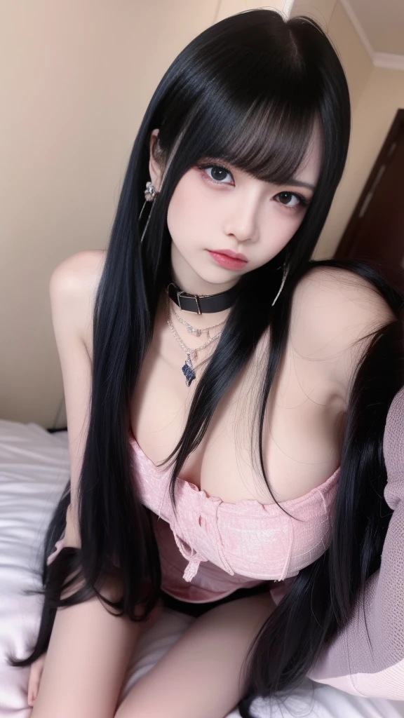 Highest quality、8k、32K、masterpiece、Ultra Clear、Highest quality、8k full vision, Cinema Lighting:1.2)、(Blue Right), One Girl、Long Hair Girl、Beautiful Japanese Women、Black-haired、Heavy bangs、Accentuate your breasts、choker、(Super big breasts:1.5), (jirai type fashion、Jirai Type Makeup, Jirai Girl), Sparkling under-eye bags、Red glitter eye makeup, From feet to head、

The bed in the hotel with the lights off、Sex Room、Love Hotel:1.8,


one person, alone, masterpiece, Highest quality, High resolution, Very detailed, (figure), Beautiful and fine details,  Glossy Lips, blush, (naked), bed, Sitting, (Bent knees)