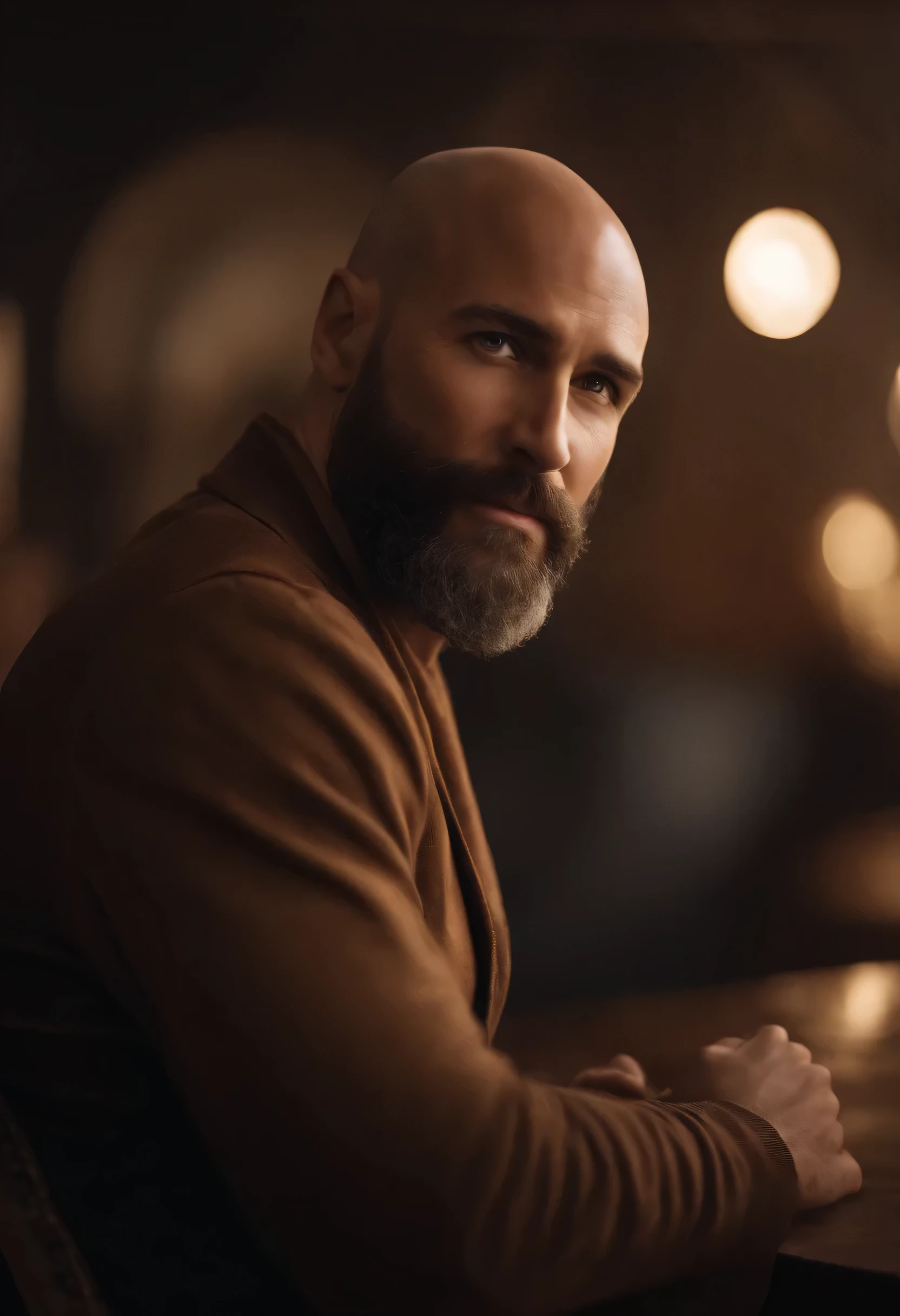 Image of a man for a story in a YouTube video in Pixar format, He's the almost-bald, Has a medium beard, white teeth and seductive smile. He is 40 years old, But he shows a very young spirit and at the same time he is a very serious and responsible man