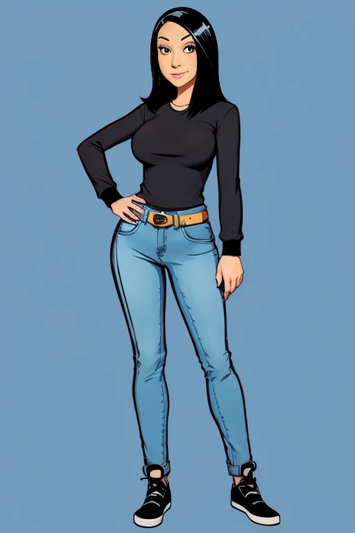 cartoon woman in jeans and a black shirt with a hand on her hip, in cartoon style, cartoon artstyle, cartoon style illustration, character is in her natural pose, character full body portrait, cartoon digital art, toon rendering, full body cute young lady, full body portrait, high detailed cartoon, fullbody portrait, full body illustration, full body sarcastic pose, cartoon illustration, 8k