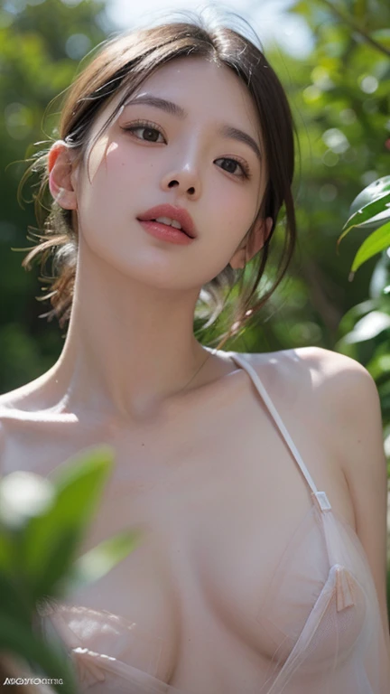 A hyper-realistic, photo-like image taken from a extreme low-angle shot from the ground up, capturing the upper body of a person from the waist up. From below, 1 Japanese (flat chest:1.5) woman wearing transparent white camisole, short brown hair. (nipple see through:1.2), smiling, (gazing camera), The perspective emphasizes the underside of the chest, with detailed textures in the skin, clothing, and shadows. The lighting is natural, with soft shadows highlighting the contours of the chest. The background is out of focus, ensuring the focus remains on the person from this dramatic, upward-looking viewpoint.nsfw