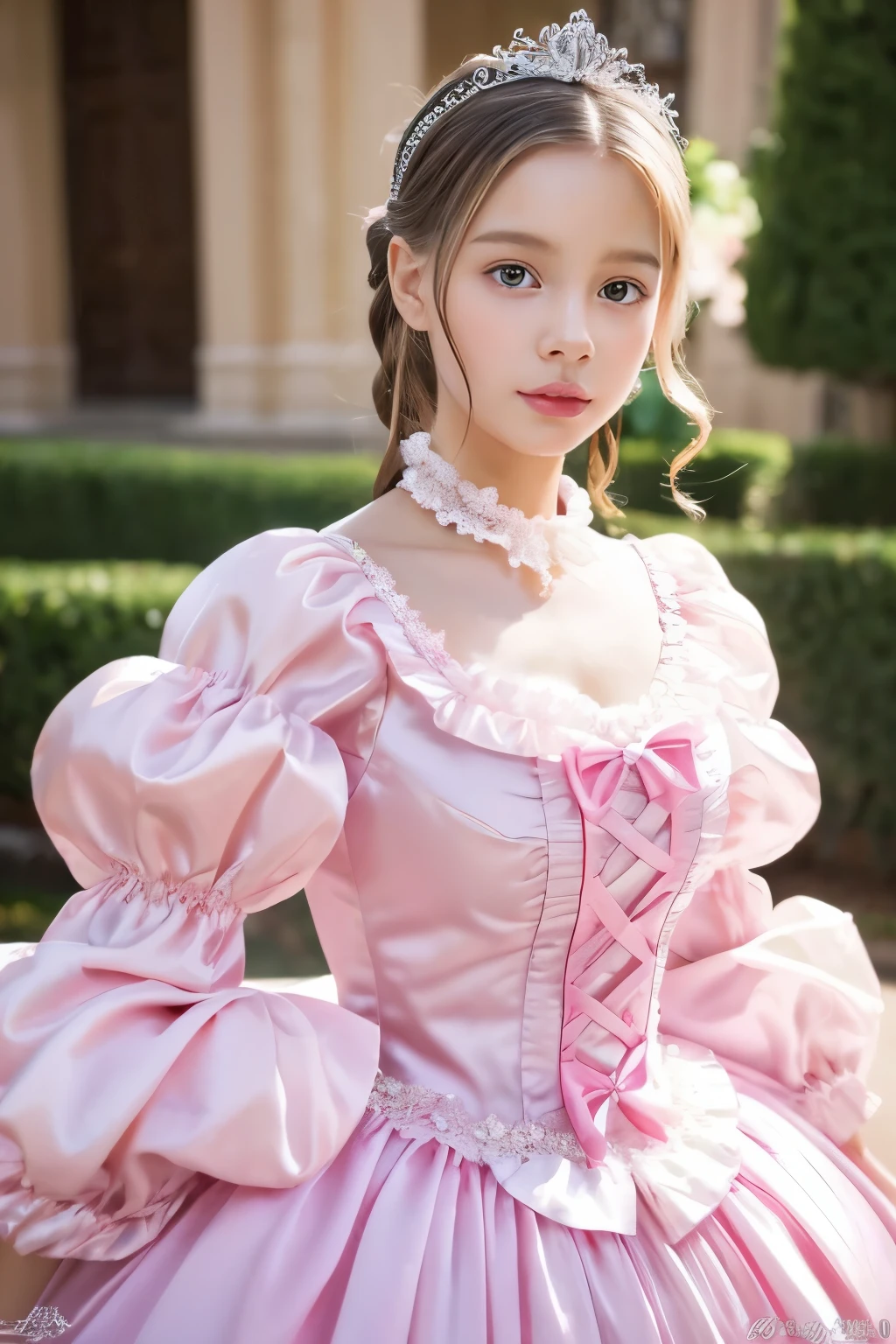 Close up portrait of woman in satin dress with pink ribbon,,highest quality, masterpiece, highest resolution, artwork, super それにget used to it, many get used to it, get used to it, それにget used to it, 3k realistic pictures,,((two girls)),Ultra-detailed juvenile face,two are princesses,full length ball gown dress with hoop skirt,ruffled yoke collar,puff sleeves,long sleeve,((Lolita style hot pink detailed princess dress with lots of ruffles and ribbons)),Rococo style lolita fashion,shiny satin dress,Soft and smooth fabric,luxury,long blonde hair,blue eyes,white skin european,